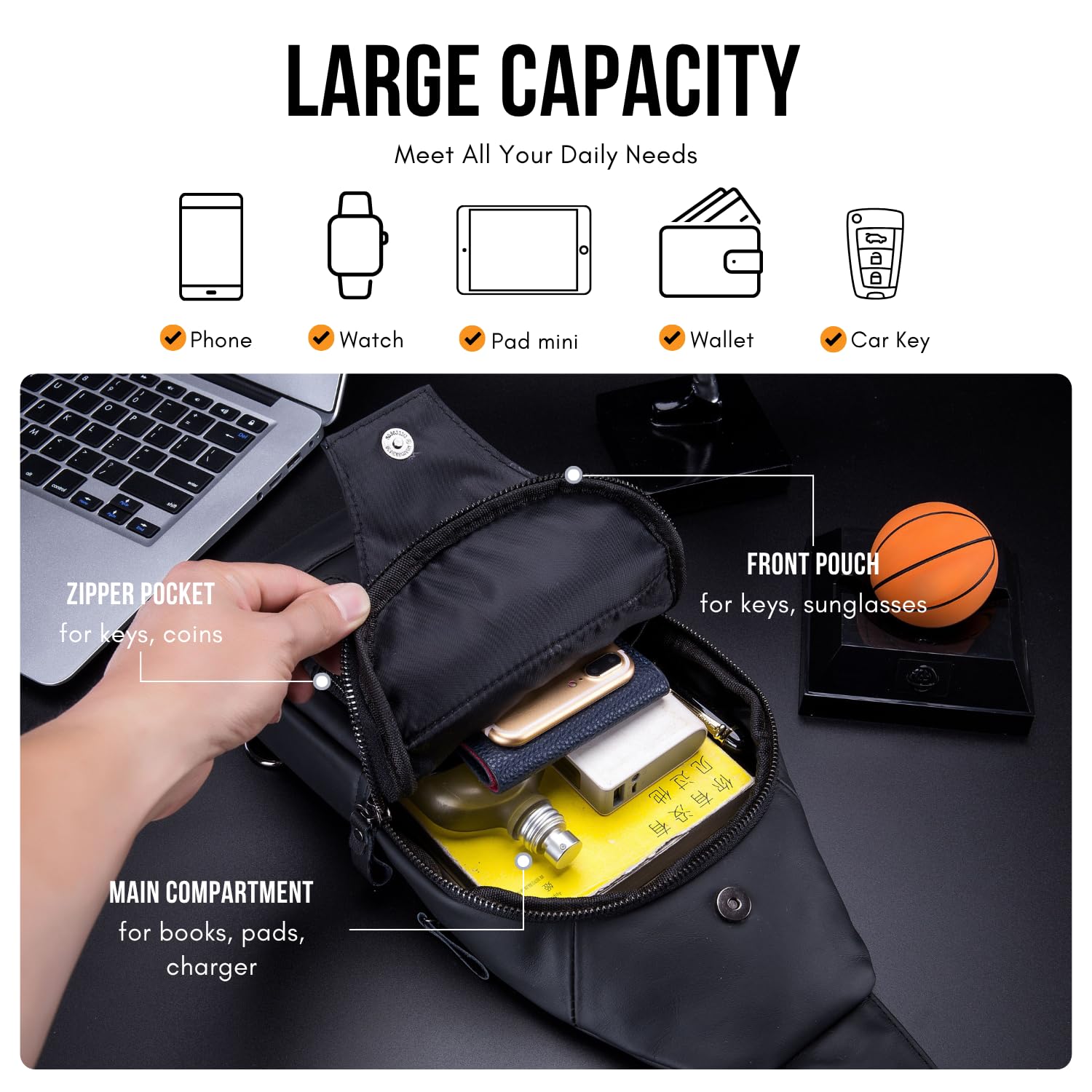 WeeDee Bandoleras Hombre Pequeña Piel Mochila de Cuero Autentico Bolsos de Hombre y Pecho Bolso Bandolera Resistentes al Agua Para Escolare Ciclismo Senderismo
