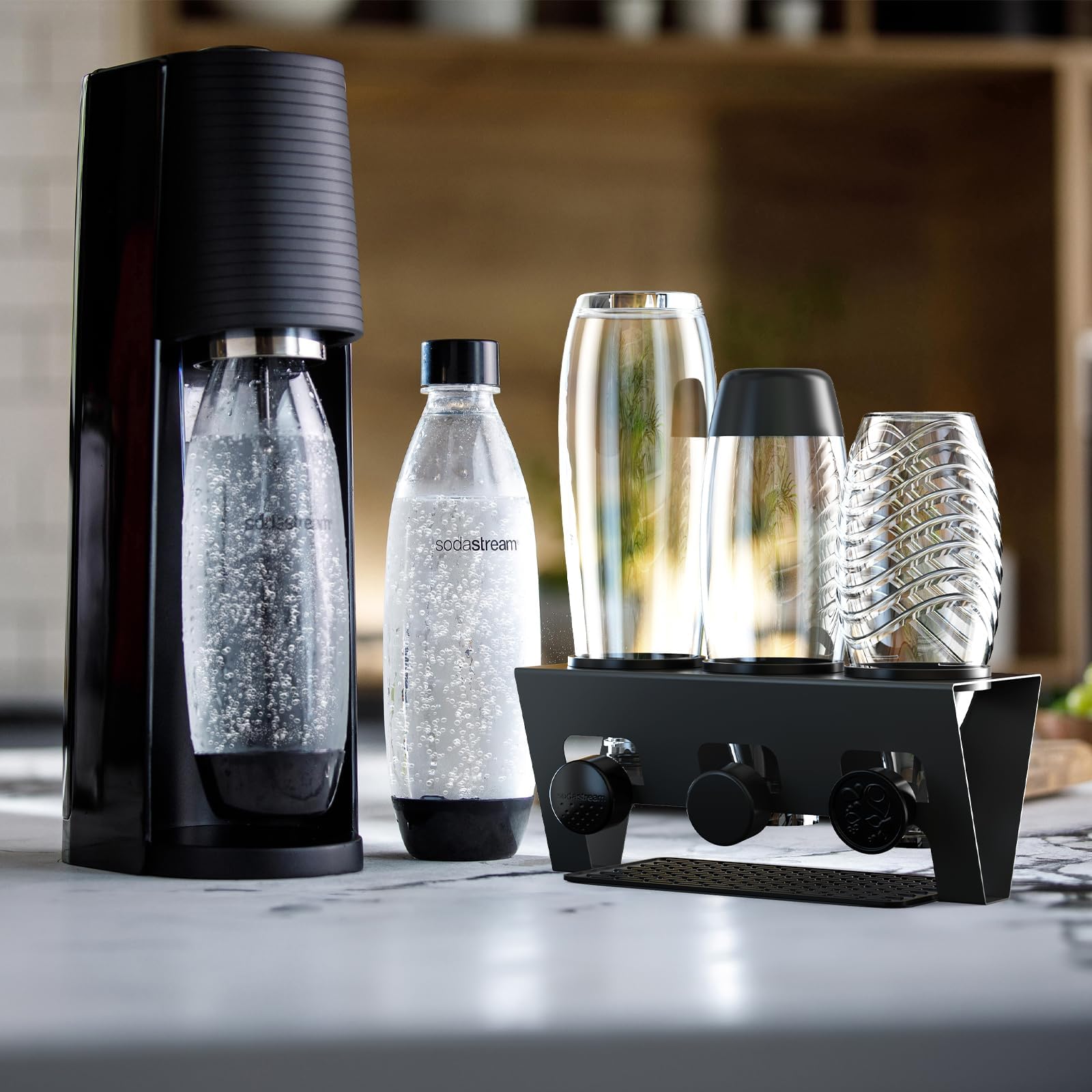 Rainsworth Uchwyt na butelki do Sodastream Duo, czarny ociekacz na butelki, 3-częściowy ociekacz ze stali nierdzewnej, ociekacz do butelek, stojak ociekowy z silikonowymi pierścieniami ochronnymi