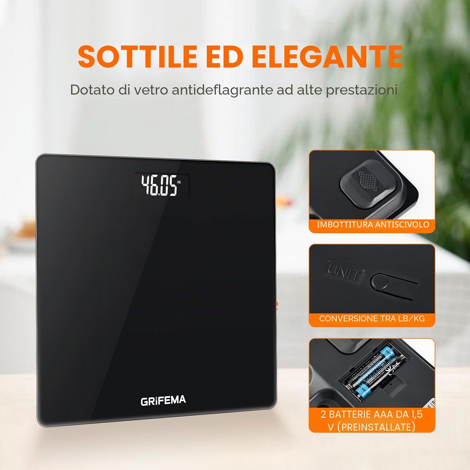 GRIFEMA GA2001-1 Bilancia Pesa Persone con Display LCD, Bilancia da Bagno con Design Moderno, Max 150 kg Precisione 50 g, Facile da Leggere, 26x26 cm, Nero