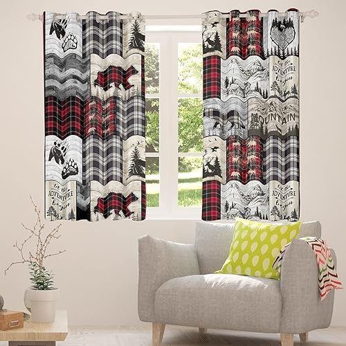 Miniatura 2 de Cortinas rústicas de cabaña de 42 pulgadas de ancho x 63 pulgadas de largo, cortinas de ventana de lobo y oso para dormitorio de granja, cortinas y