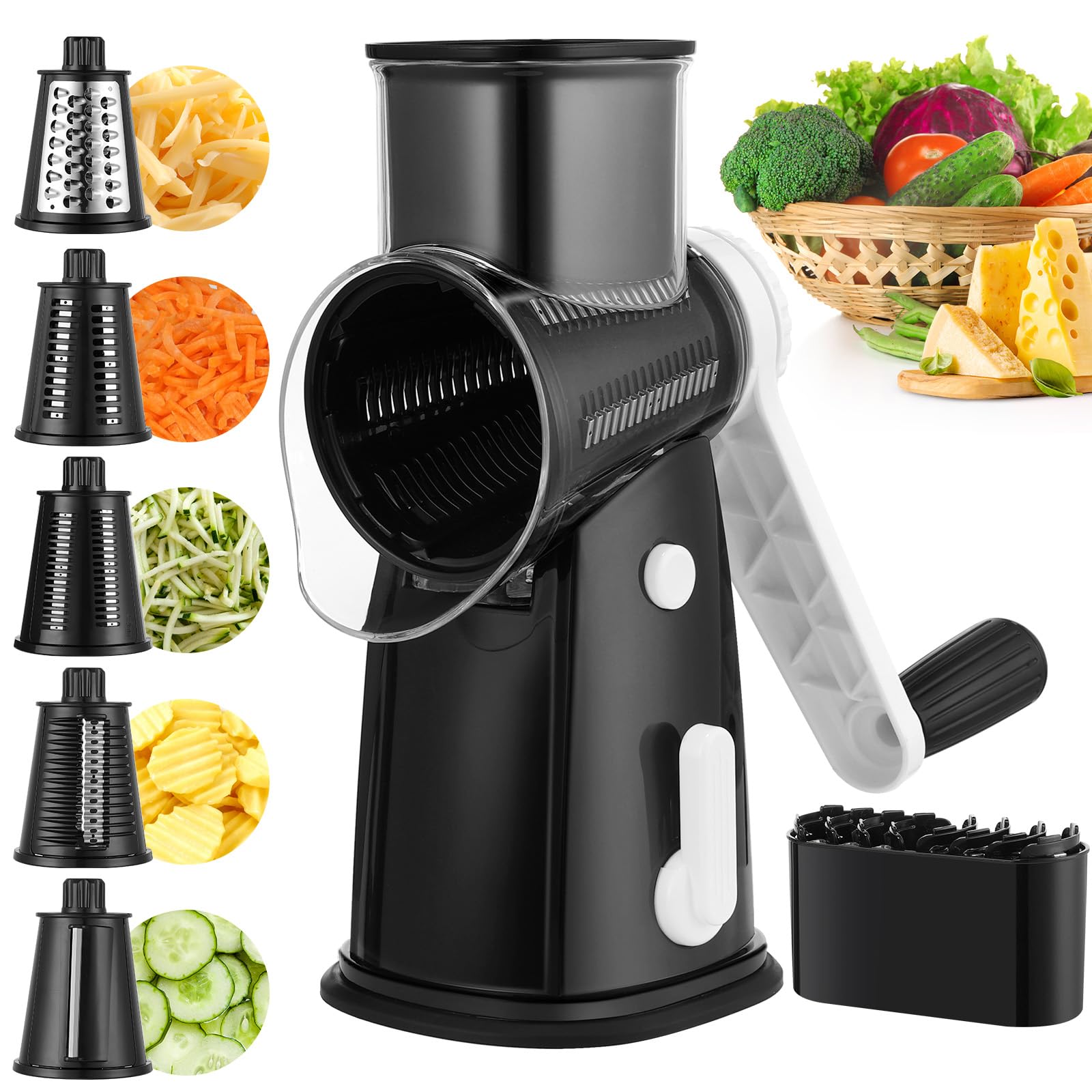 Grattugia Formaggio, Mandolina per Verdure con 5 Lame a Tamburo Intercambiabili, Tagliaverdure Manuale Risparmio di Tempo, Grattugia Verdure per Formaggio, Cetriolo, Carota, Patate