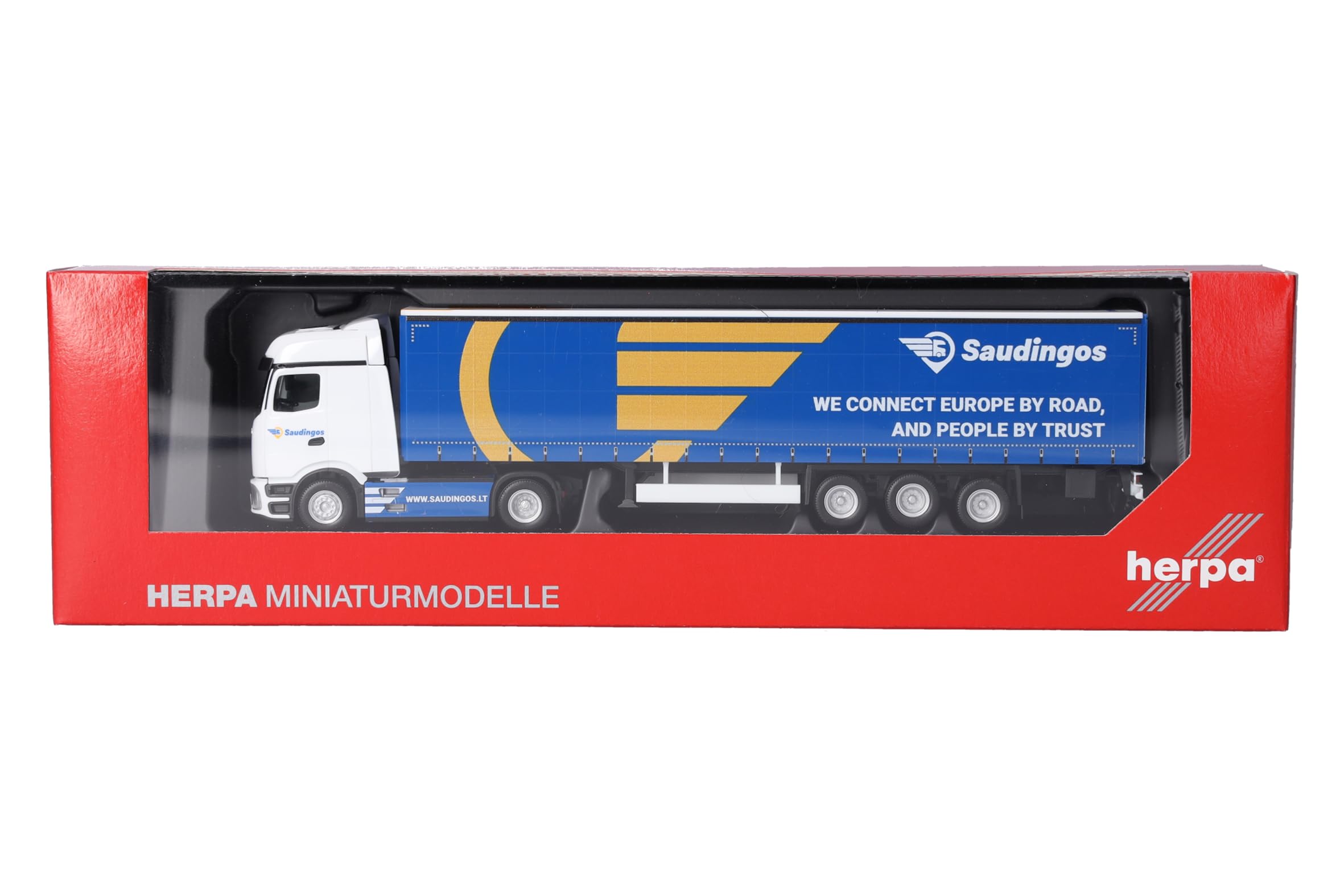 Herpa model ciężarówki Mercedes-Benz Actros L ProCabin Bigspace zestaw z naczepą kurtynową „Saudingo” (Litwa/Szawle), miniatura w skali 1:87, model kolekcjonerski, Made in Germany, tworzywo sztuczne