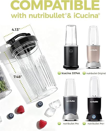Miniatura 2 de ICUCINA Batidora de repuesto con tapas To Go, sin BPA, compatible con licuadora de 1000 W para batidos y bebidas proteicas, paquete de 2, color negro