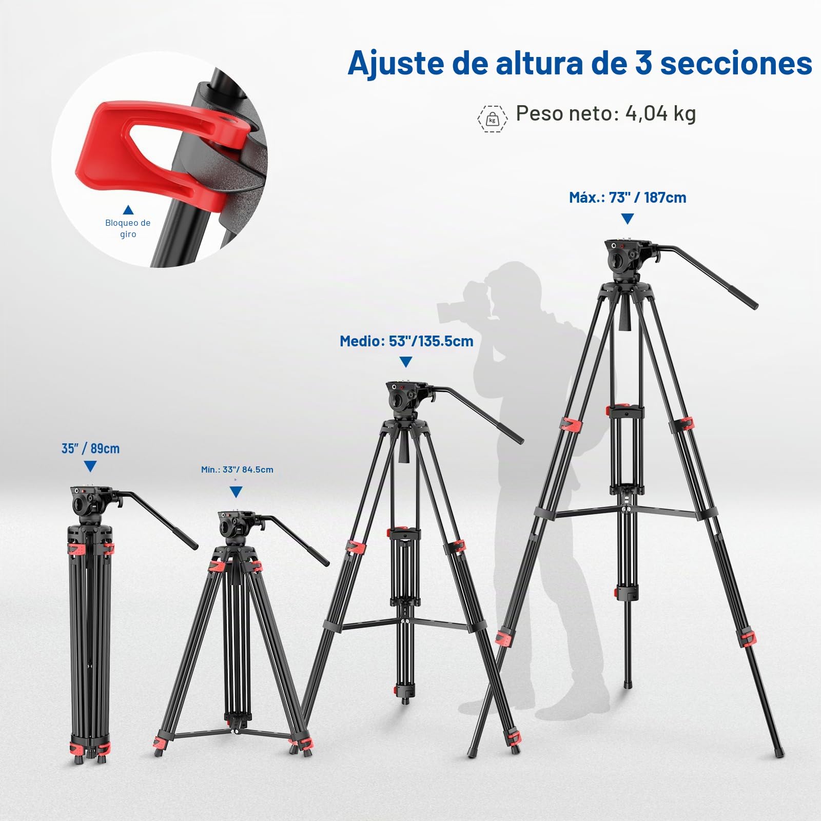 NEEWER Básico 74" Trípode Vídeo con Cabezal Fluido, Trípode Cámara Metal con Amortiguación, Esparcidor de Nivel Medio, Placa Liberación Rápida Compatible con Manfrotto 501, Carga Máx 17.6 lb, TP37