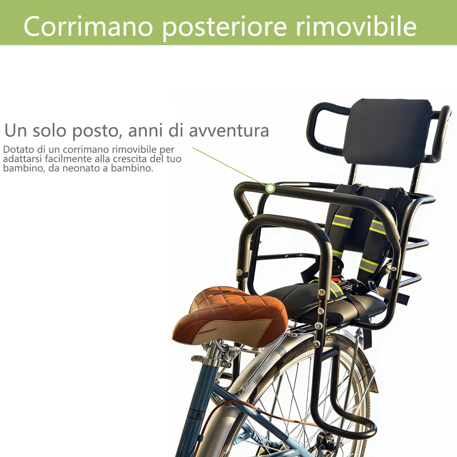 QMD Seggiolino Posteriore per Bambini con poggiatesta Regolabile; seggiolino Posteriore per Bici con poggiapiedi, Schienale e maniglione di Sicurezza. Progettato per Bambini dai 18 Mesi agli 8 Anni.