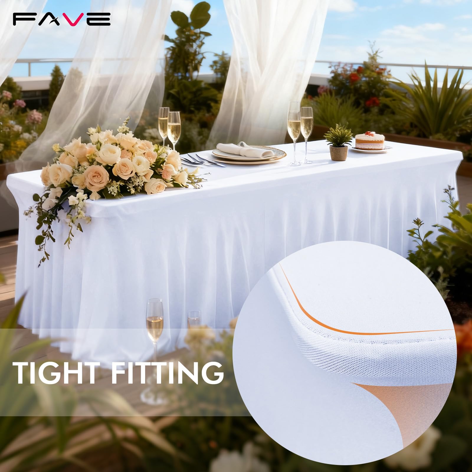 FAVE 2er Set Tischröcke für Rechteckige Tische 244 cm, Weiß | Tischdecken mit Passform für Party, Outdoor, Hochzeit und Bankett, Weiß, 76x244 cm