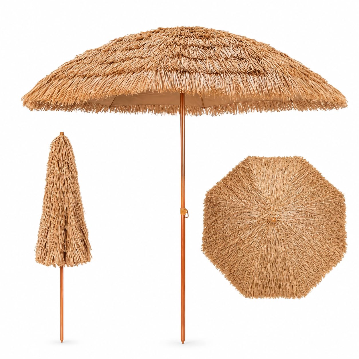 Pincho Sombrilla Paja Terraza Exterior 200 cm, Sombrilla Jardin, Parasol Terraza Exterior, Mastil de Acero aspecto Madera, para Jardin, Terraza, estilo tropical