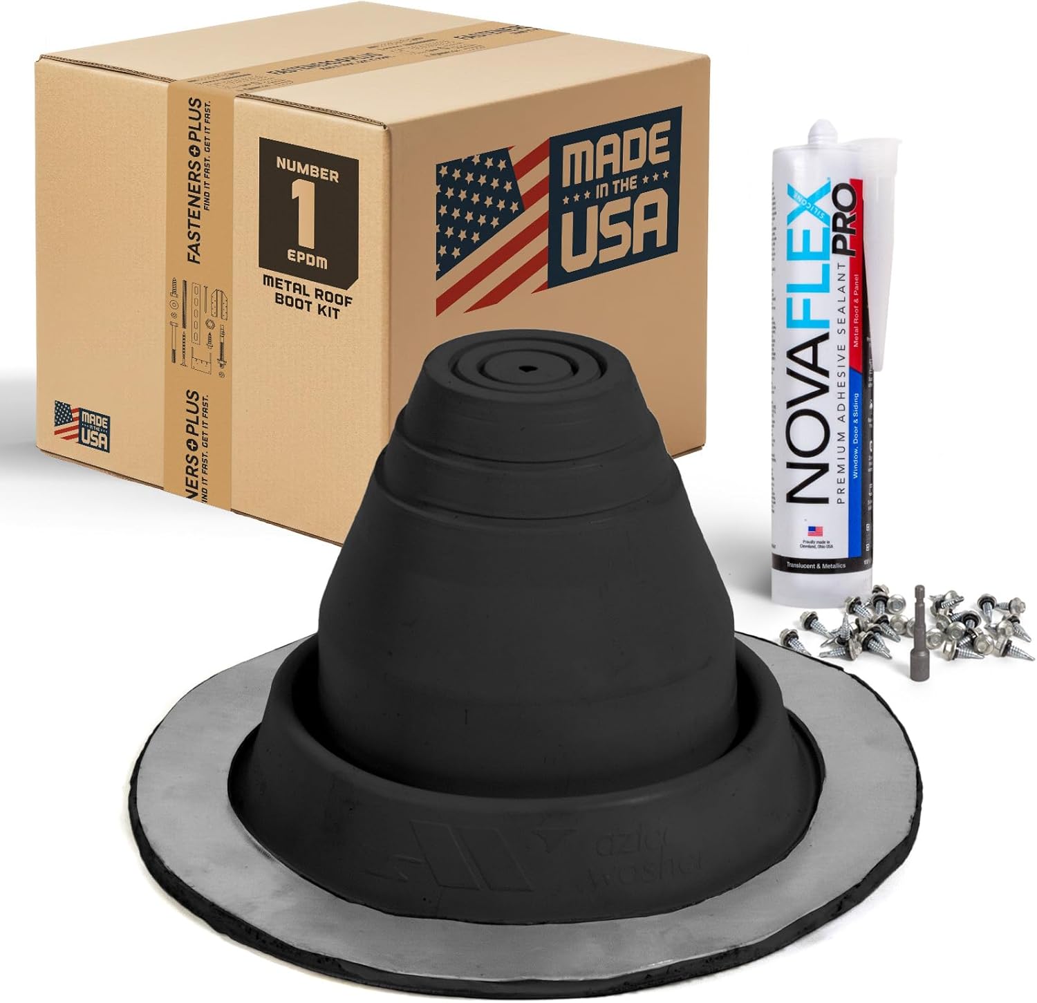 Fasteners Plus #1 Round EPDM Metal Roof Pipe Flashing Boot with Complete Install Kit (Made in USA), Fits 1/4” - 2-1/2” Pipe OD, Black
