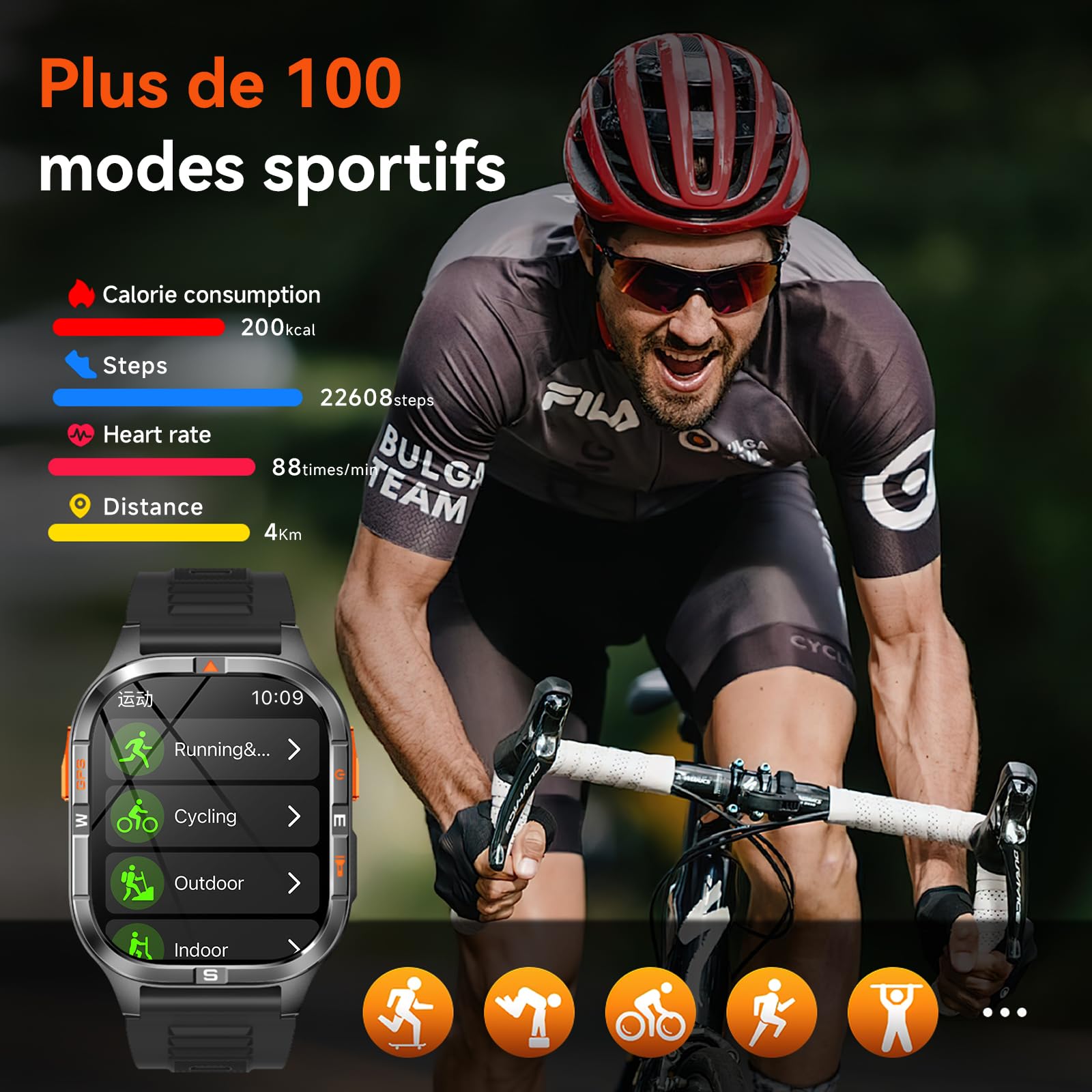 Montre intelligente GPS militaire pour hommes avec boussole/lampe de poche, montre intelligente à écran HD 2,01" avec assistant vocal/appel Bluetooth, pour Android et iOS, Montre Fitness de sport