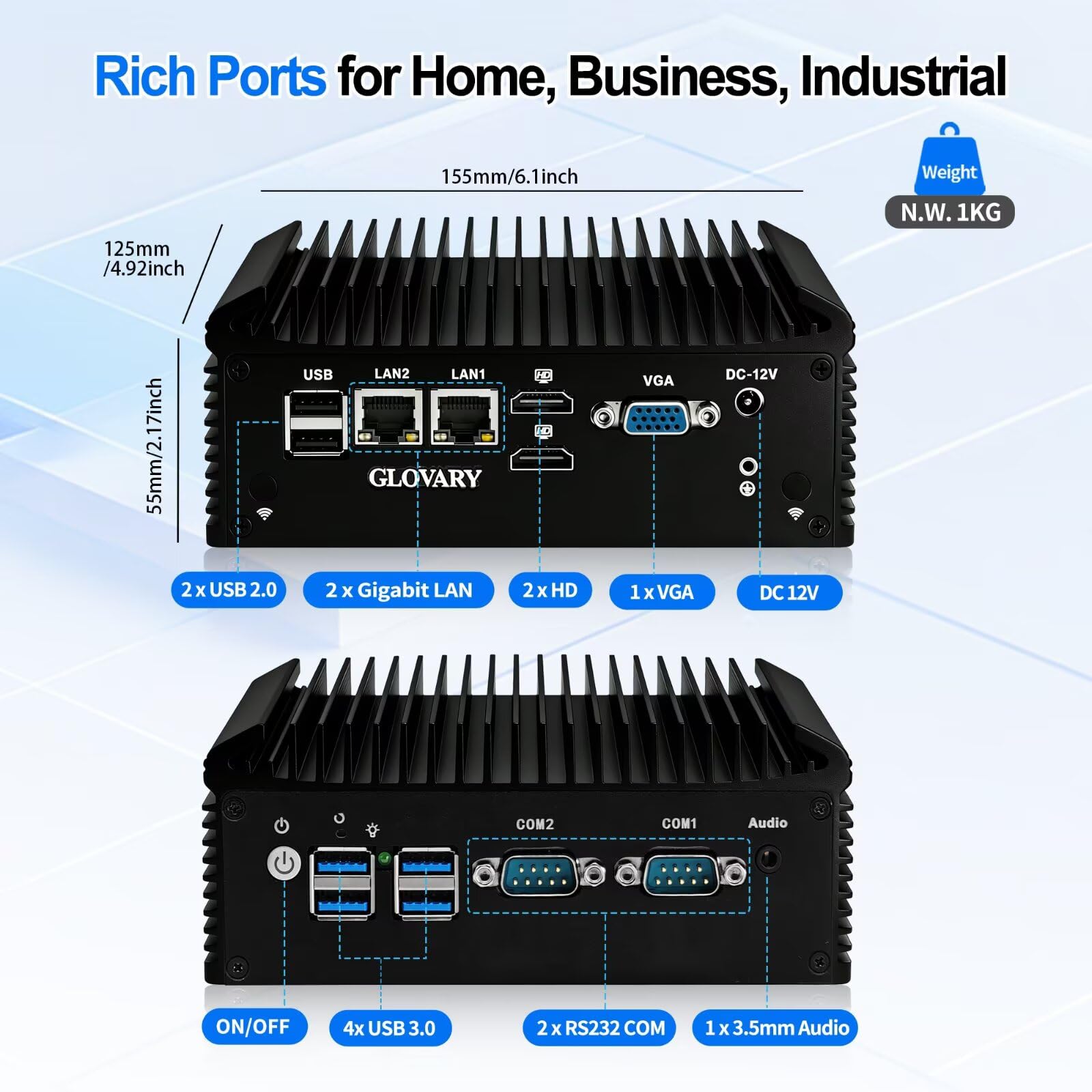 Fanless Mini PC N100, Barebone, Dual LAN Industrial PC, Mini Ordenador de Escritorio Home Office, 4RS232 COM, 4USB3.0, 2USB2.0, Auto Power On