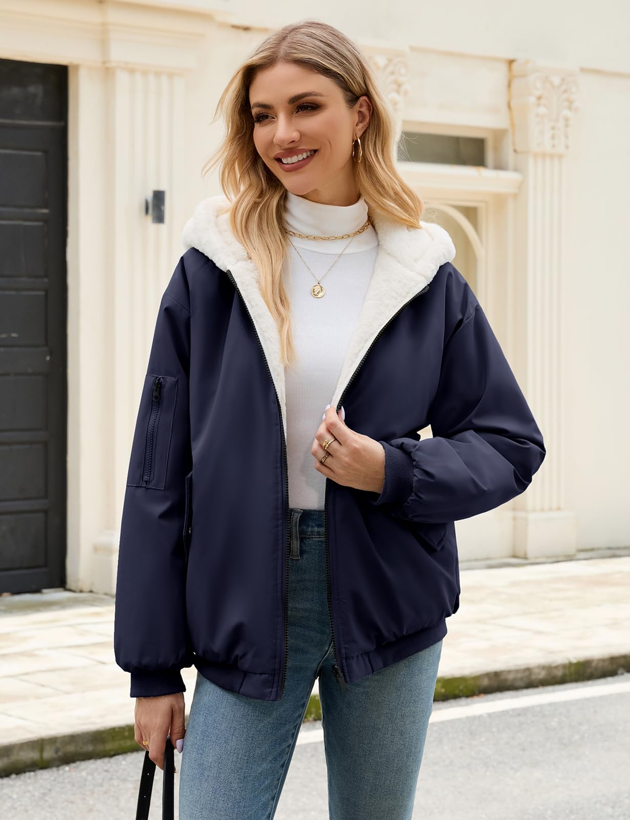 Vancavoo Chaqueta Reversible Mujer de Invierno con Capucha y Pelo Suave | Cazadora Corta con Cremallera, Puños de Canalé y Bolsillos en Ambos Lados para Uso Diario