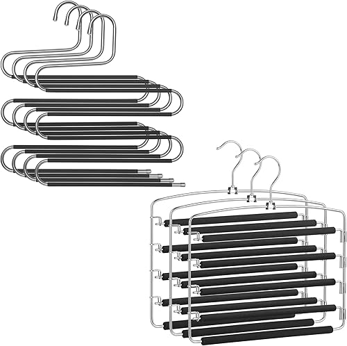SONGMICS Paquete de 3 perchas cerradas para pantalones y 4 perchas de pantalones con extremos abiertos, perchas 5 en 1, ahorran espacio, perchas