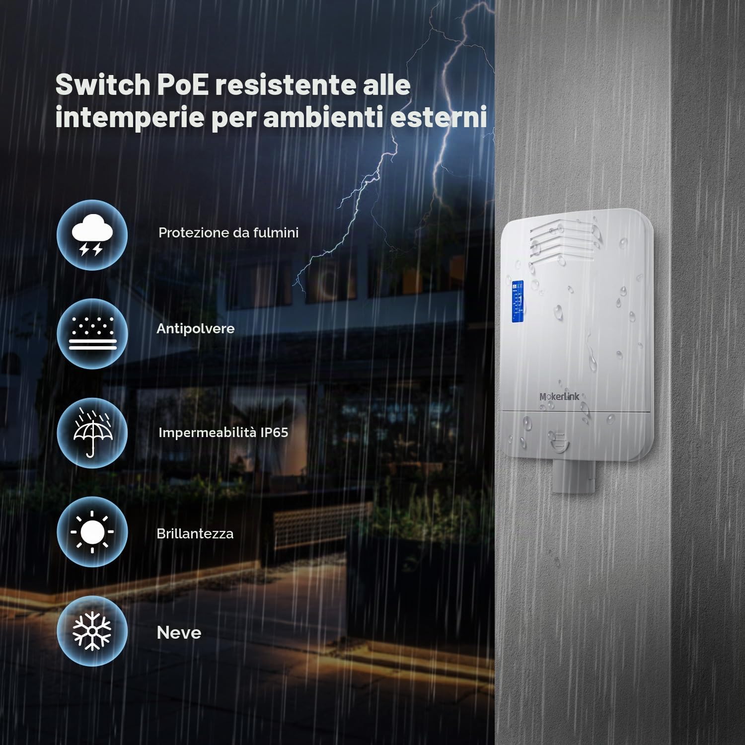MokerLink Switch PoE a 10 Porte - 8 PoE, 2 SFP Gigabit, 96 W IEEE802.3af/at, IP65 Impermeabile, Plug and Play