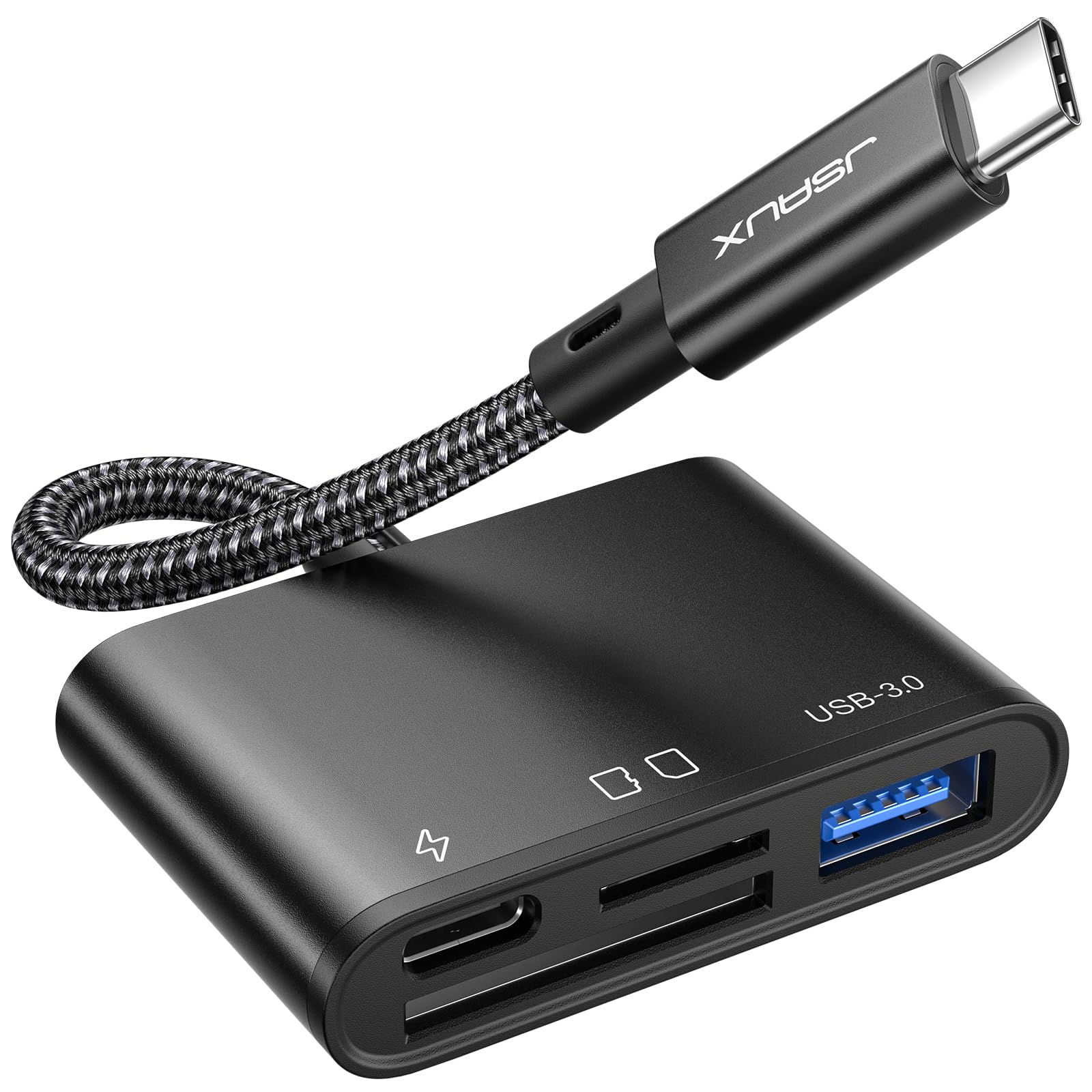 4-in-1 USB C SD Card Reader, JSAUX USB-C Micro SD Card Reader with (USB 3.0 & Charging) Port Compatible with iPhone 16/16 Plus/16 Pro/16 Pro Max, Android, Mac, Galaxy, iPad Pro, Camera-Black