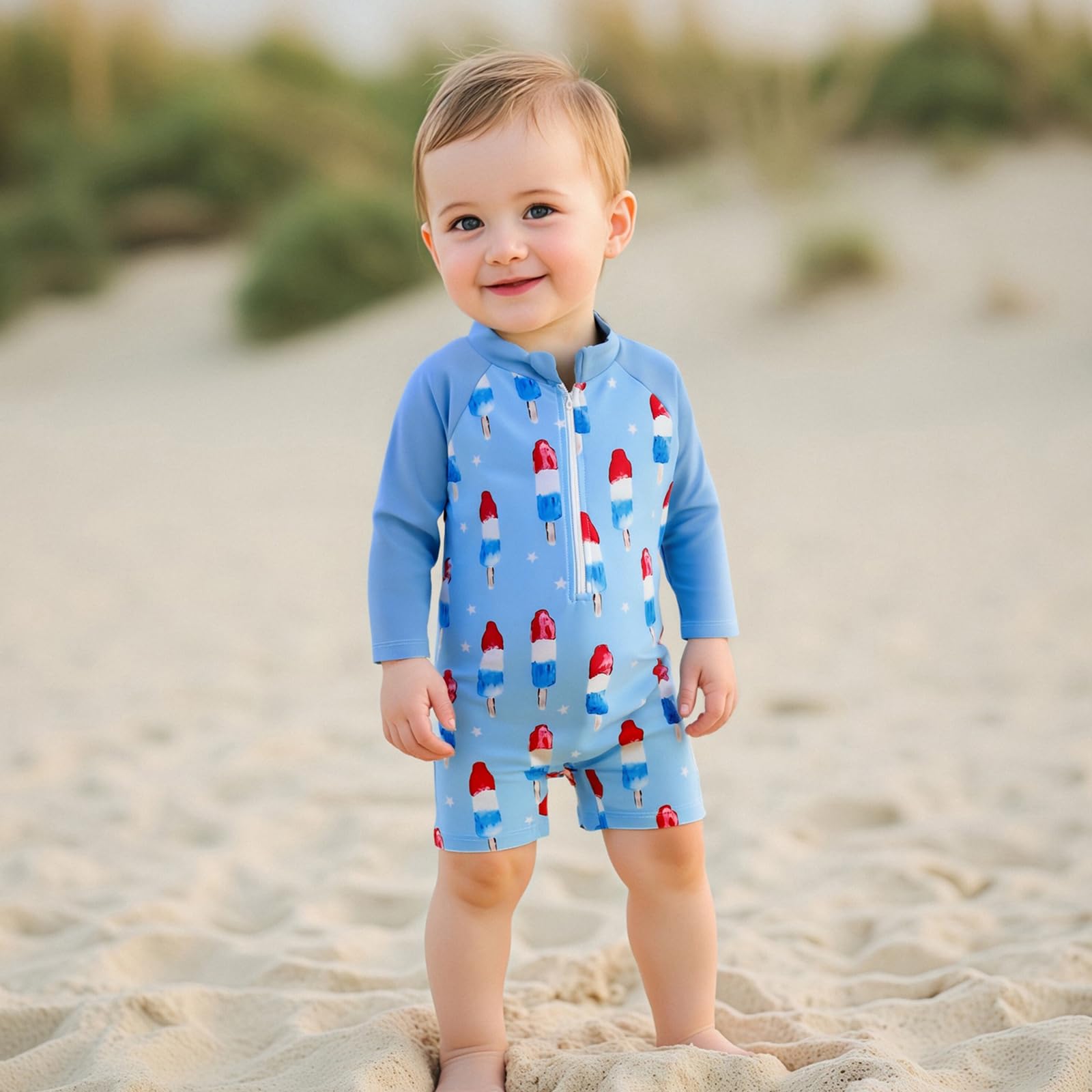 Toddler Baby Boy Rash Guard Swimsuit 4th of July Long Sleeve Zip UP One-Piece Bathing Suit Patriotic Summer Swimwear (A-Blue, 6-12 Months)