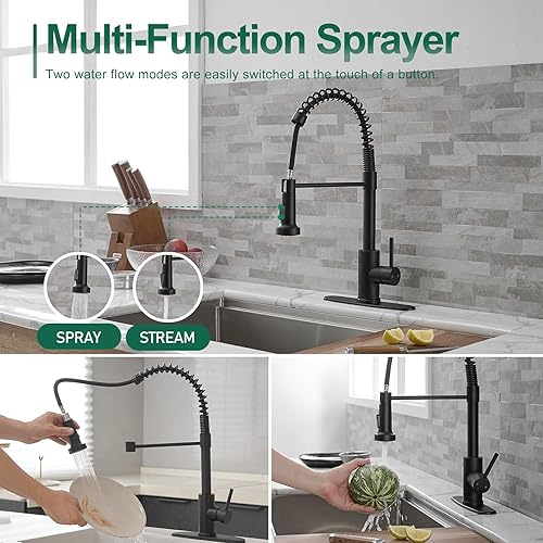 Miniatura 6 de VOTON Grifo de cocina negro con rociador extraíble, grifo de fregadero de cocina de acero inoxidable, grifos comerciales de primavera para fregadero