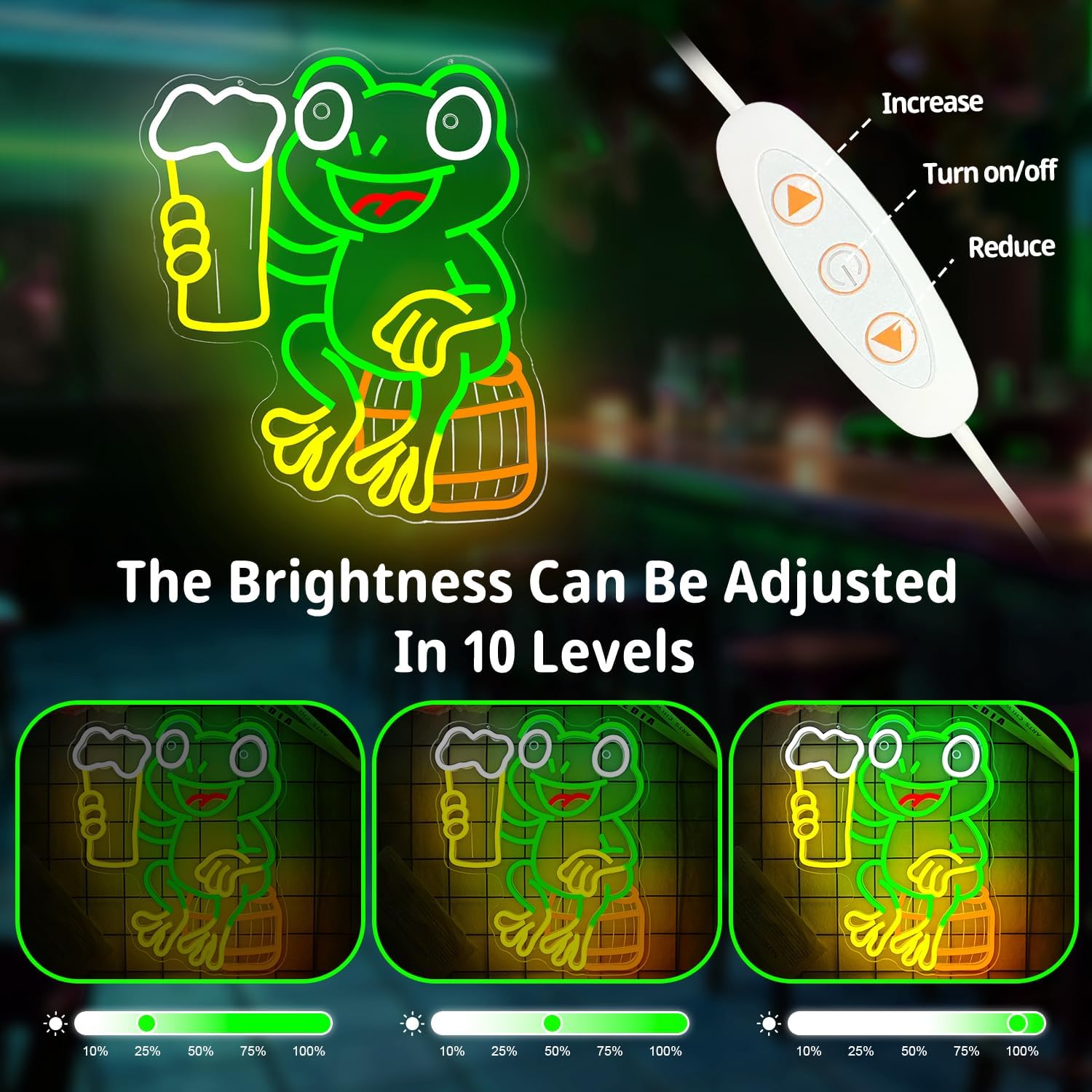 Frog Beer Neon Sign Funny Frog Led Sign Dimmable Neon Bar Sign Drink Beer Light Up Sign Man Cave Led Wall Art Bar Pub Style Gift Frogs on Beers Barrel Decor image 3