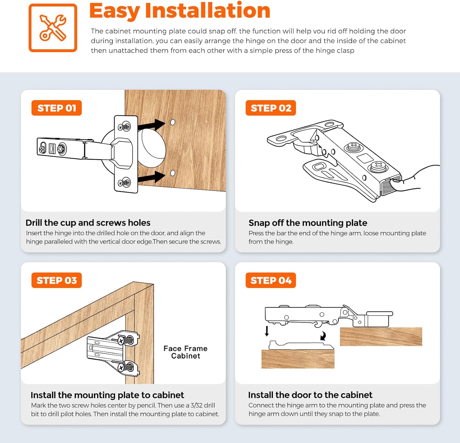 JOY DECOR Full Overlay 50 Packs (25 Pairs) Concealed Kitchen Cabinet Hinges 105 Degree Soft Close Adjustable Cabinet Door Hinges for Face Frame Cabinet
