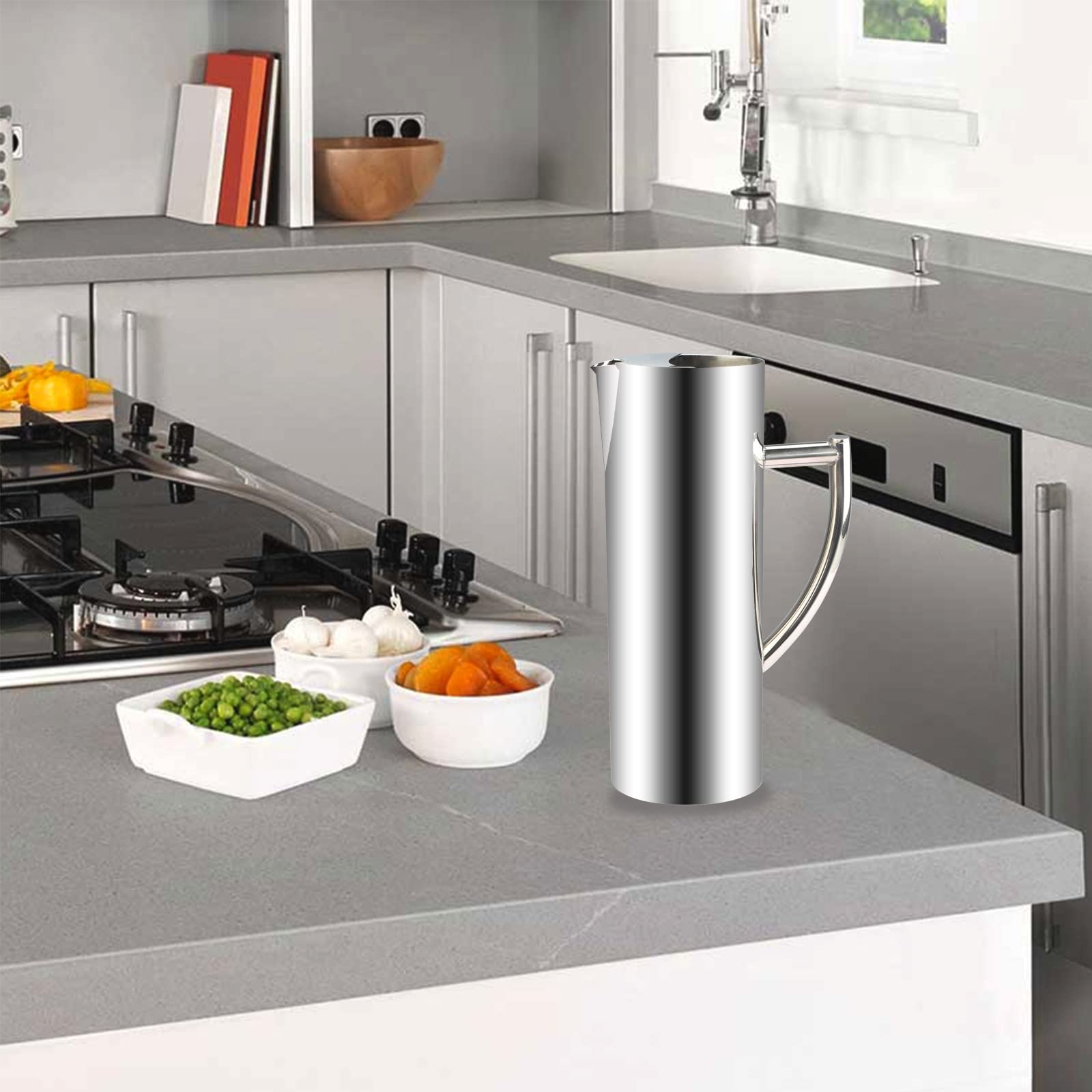 GWENBHMTOOL 47oz Stainless Steel Water Pitcher Cold Drinking Pitcher with Ice Guard Multifunctional Water Carafe for Home Hotel Restaurant