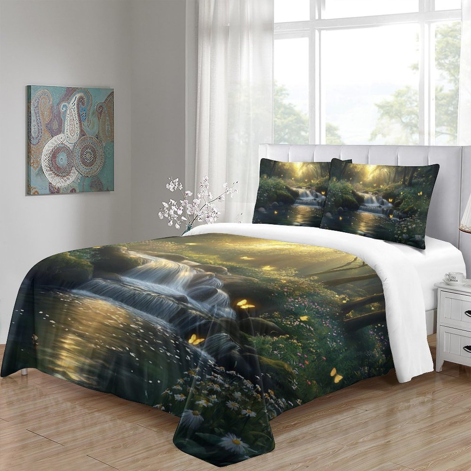 Ruscello della foresta Impressione 3D 3 pz fodera per edredone Natura Fantasia Arte coperteletto microfibra zip antiacari per bambini adolescenti adulti Super king（260x220cm）