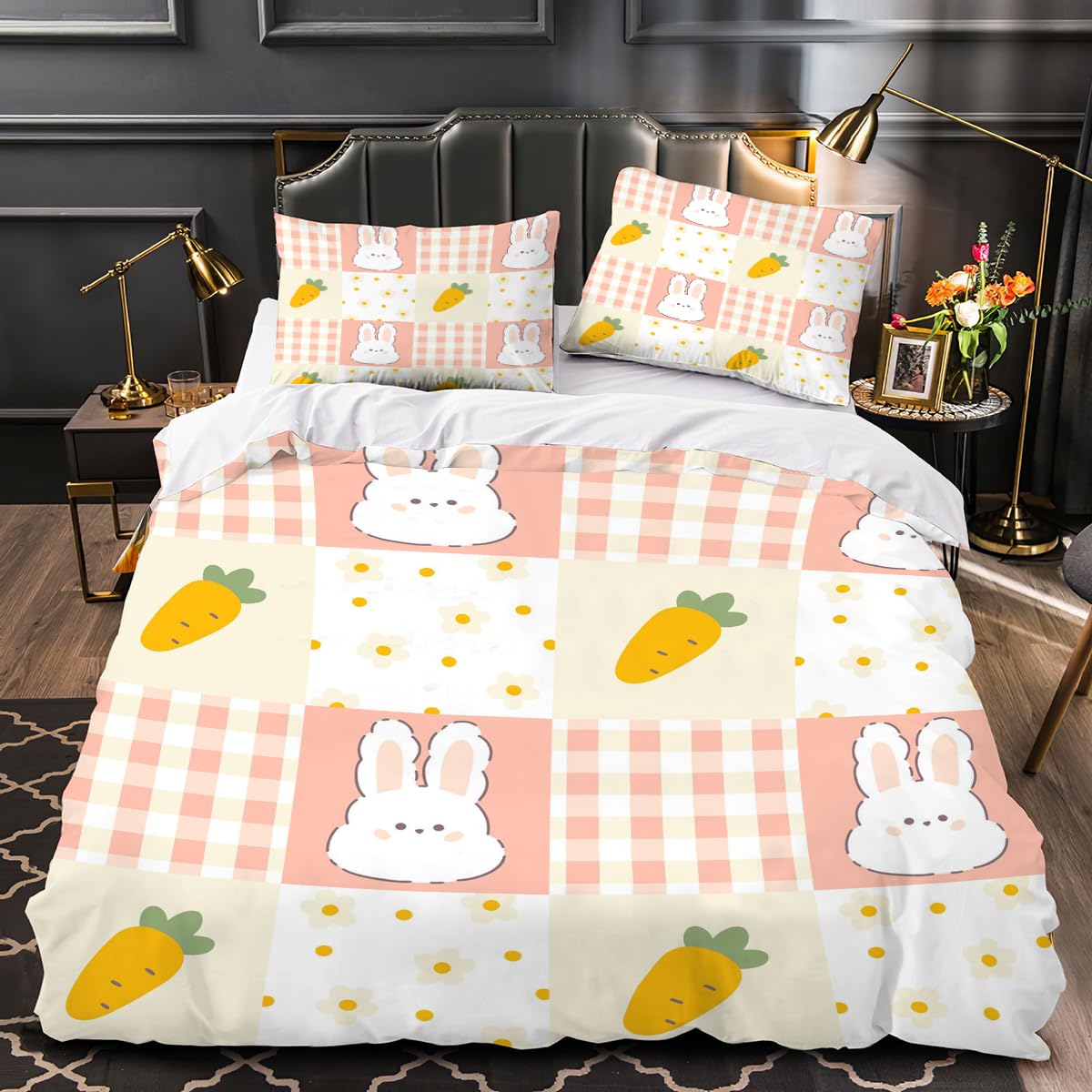 Housse de couette 220x240 lapin 3D parure de lit 3 pièces en microfibre treillis