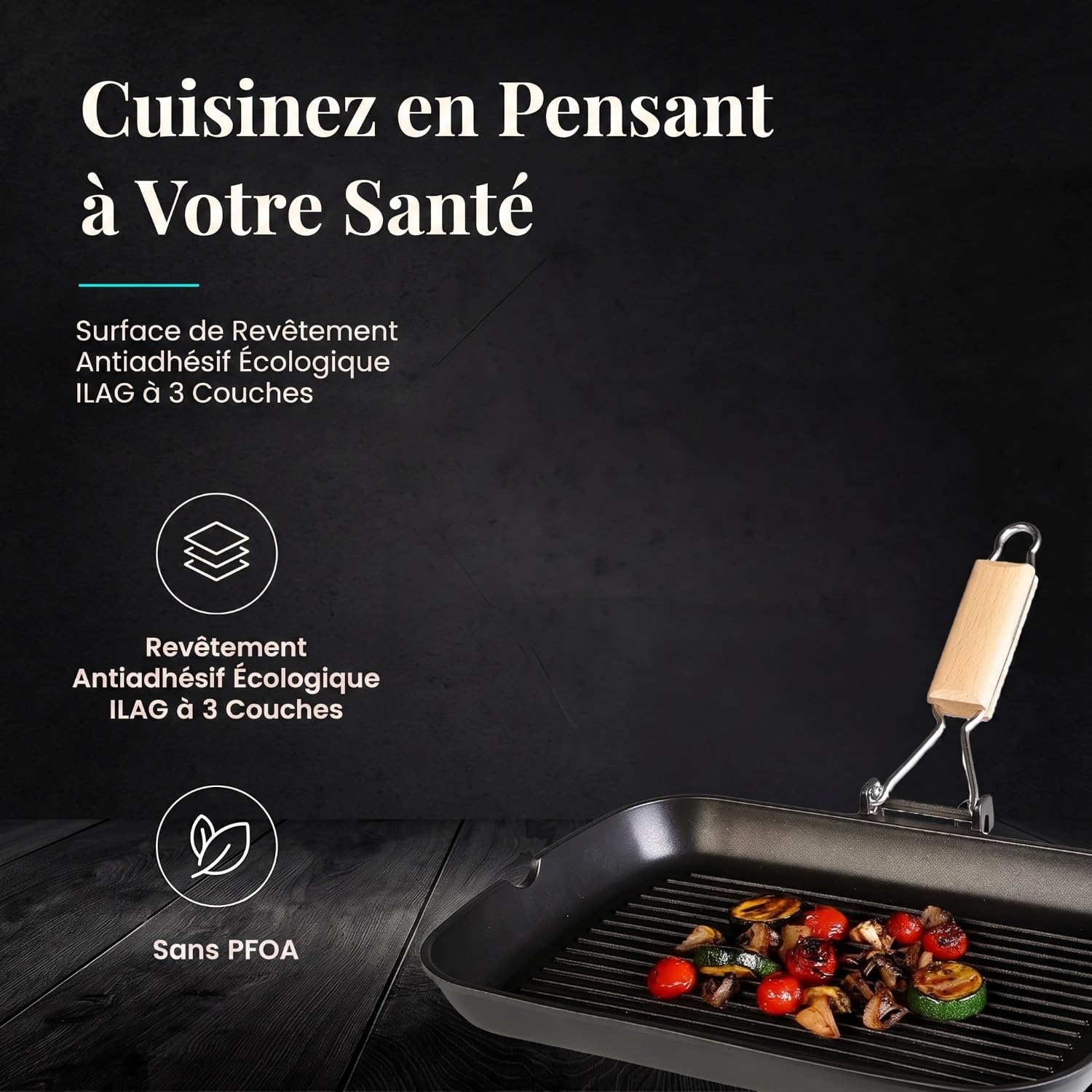 WECOOK! Ecostone Poêle à Griller Induction Ondulé, 34 x 24 cm, Antiadhésive ILAG Écologique sans PFOA, Fonte d'Aluminium, Épaisseur 5 mm, Poignée en Bois Pliable, Vitrocéramique, Gaz