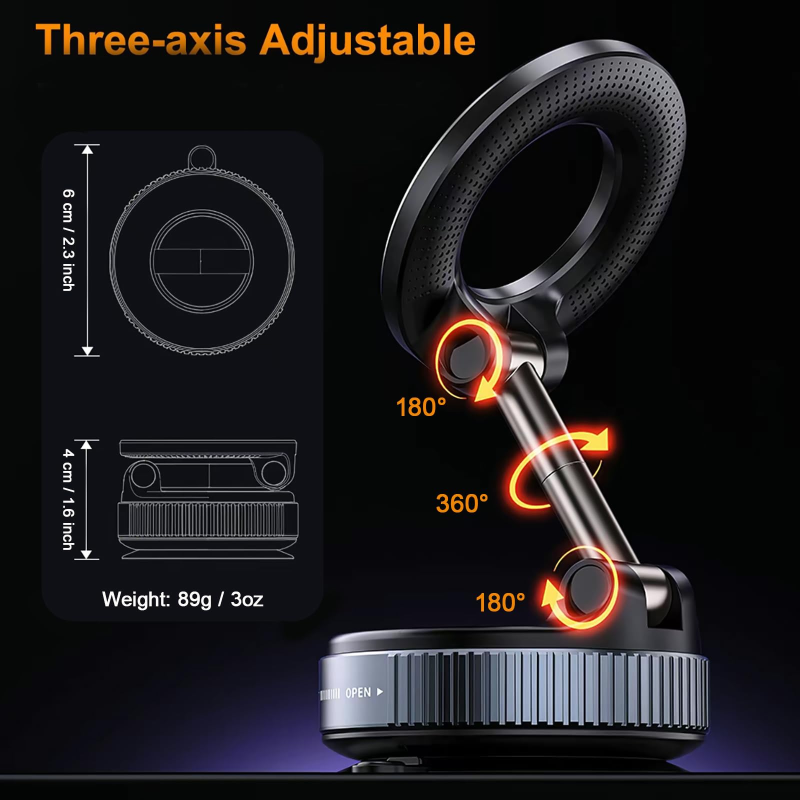 Soporte magnético giratorio de 720° para teléfono, soporte magnético de vacío plegable y ajustable, soporte de teléfono con ventosa para coche/gimnasio/espejo/ducha/superficie lisa, compatible con