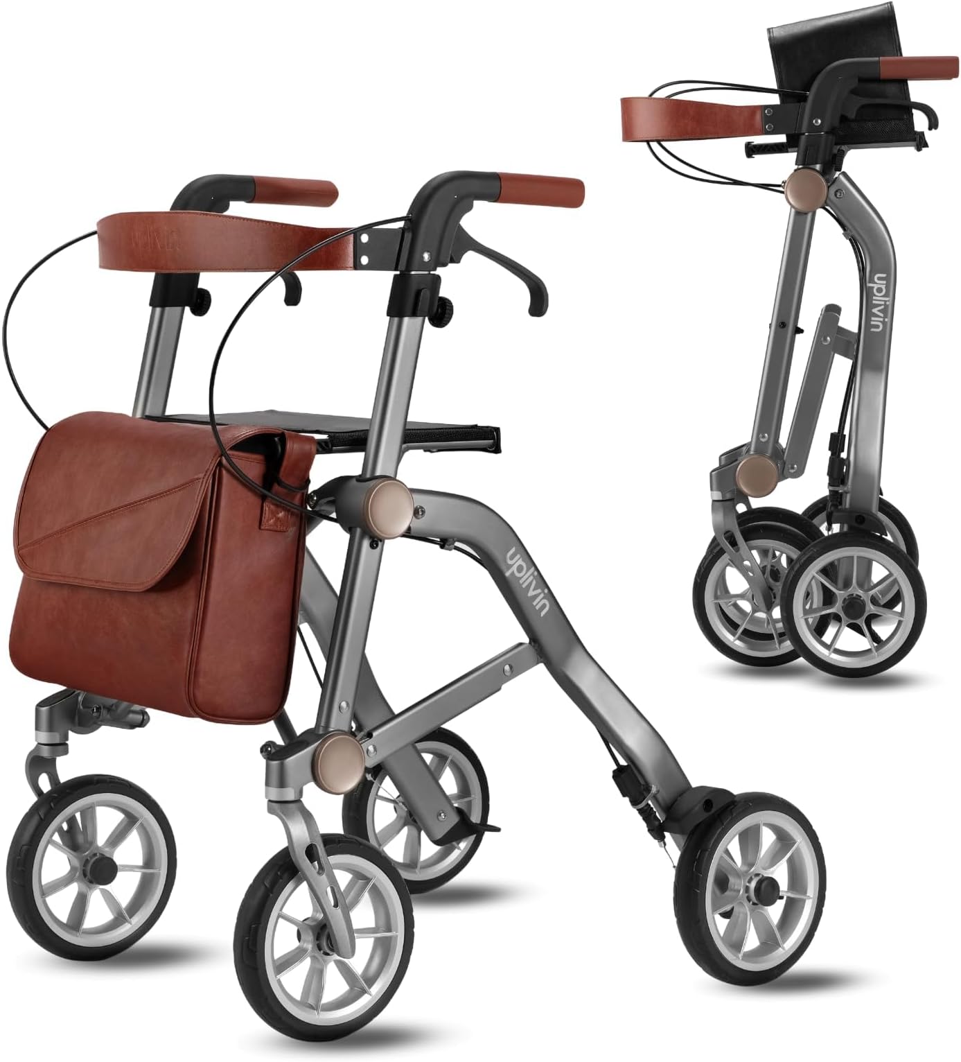 Rollator Walker with Seat - 1 Step Double Folding 4 Wheel Trive Rollators Rolling Walker for Seniors, Lightweight Aluminum Foldable Rollator Mobility Walkers (Grey)