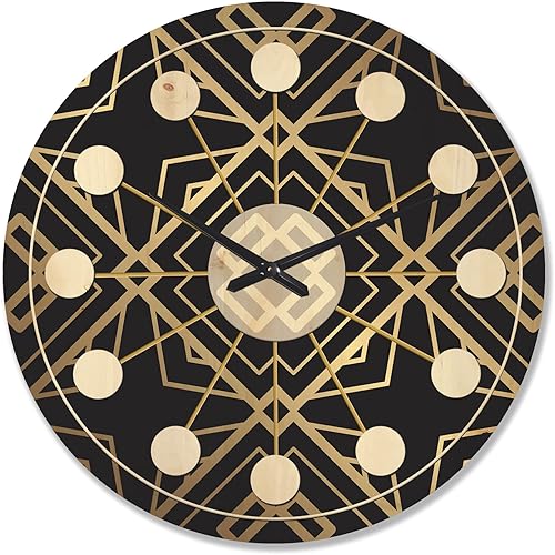 Miniatura 1 de DesignQ Reloj de pared de madera moderno de mediados de siglo con patrón Art Deco negro y dorado, grande, decorativo, moderno de mediados de siglo,