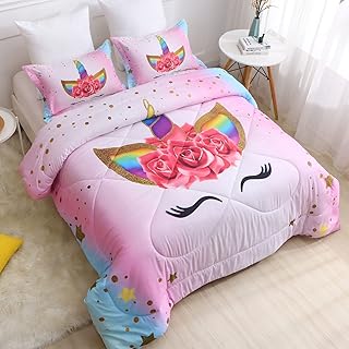 SIRDO Unicorn Full Bedding Sets for Girls Kids Comforter Set Full Size with 2 Pillowcases Pink and Rainbow Unicorn Room Decor for Girls Bedroom Ultra Soft Machine Washable Toddler Bed Set