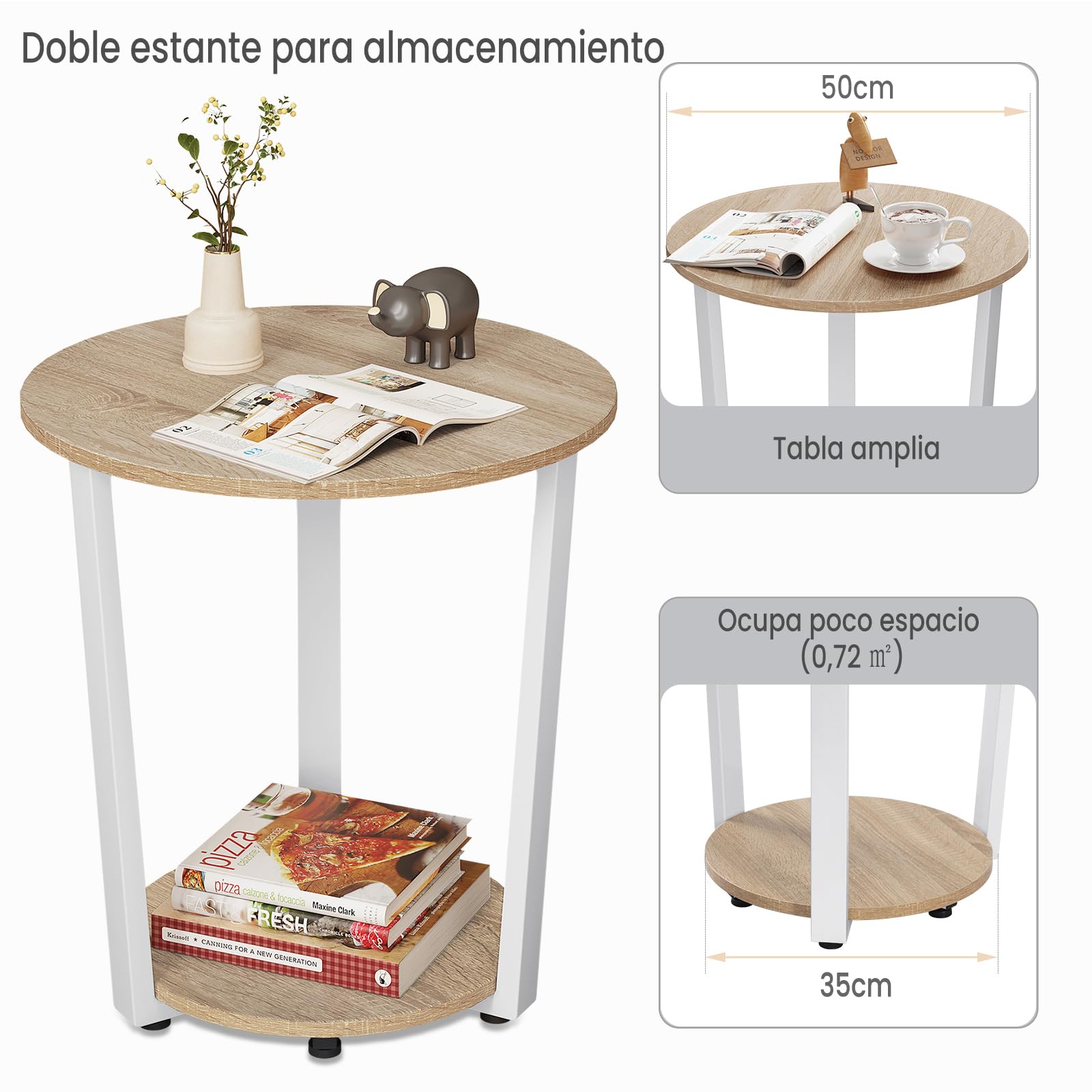 WOLTU Mesa de Centro Redonda, Mesilla de Noche para Salón Cafetería Balcón Dormitorio, Mesa Auxiliar con 2 Estantes, Mesita Auxiliar de Sofá, Estilo Vintage, Marco de Metal, Roble Claro