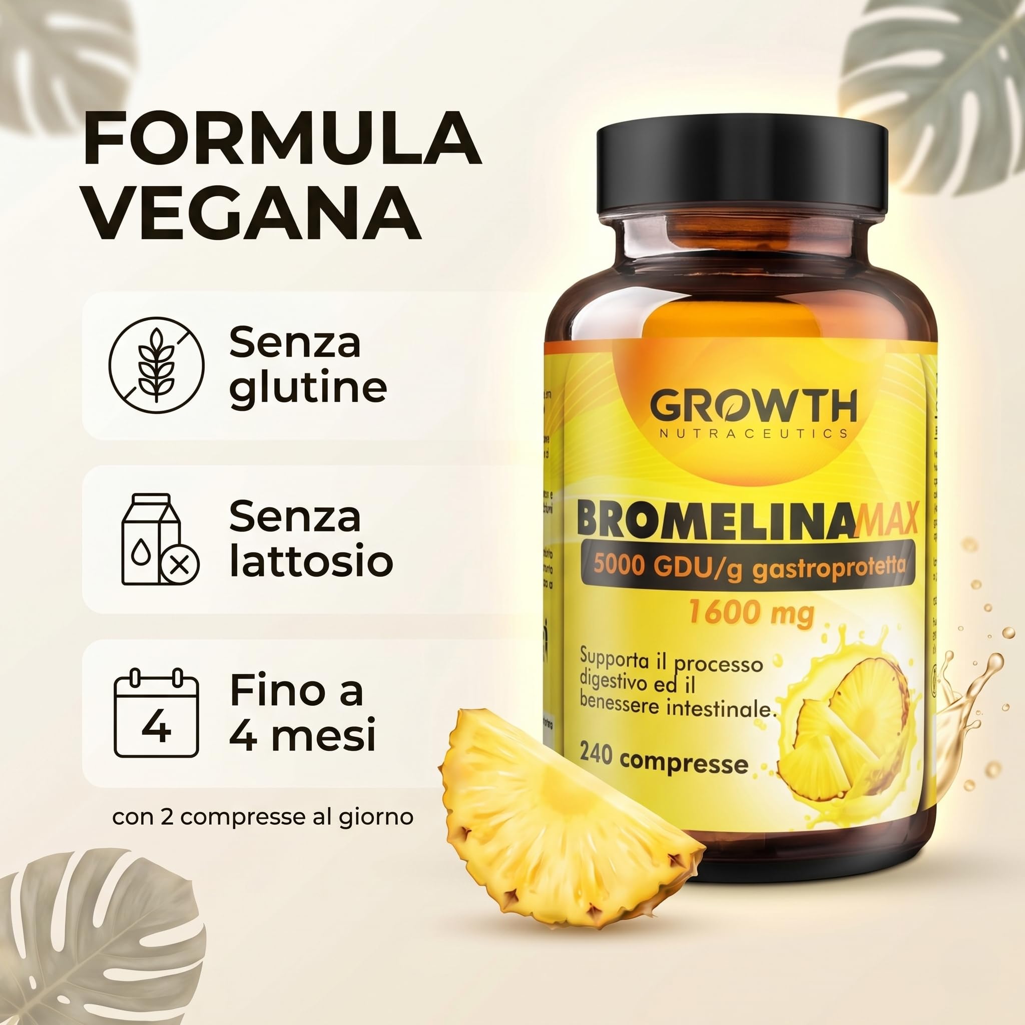 BROMELINA 5000 GDU/g - 240 Compresse Integratore di Bromelina da Ananas - Supporto Drenaggio Liquidi e Benessere Digestivo - Gambe Leggere, Gonfiore Addominale, Formula Vegana e Alta Qualità