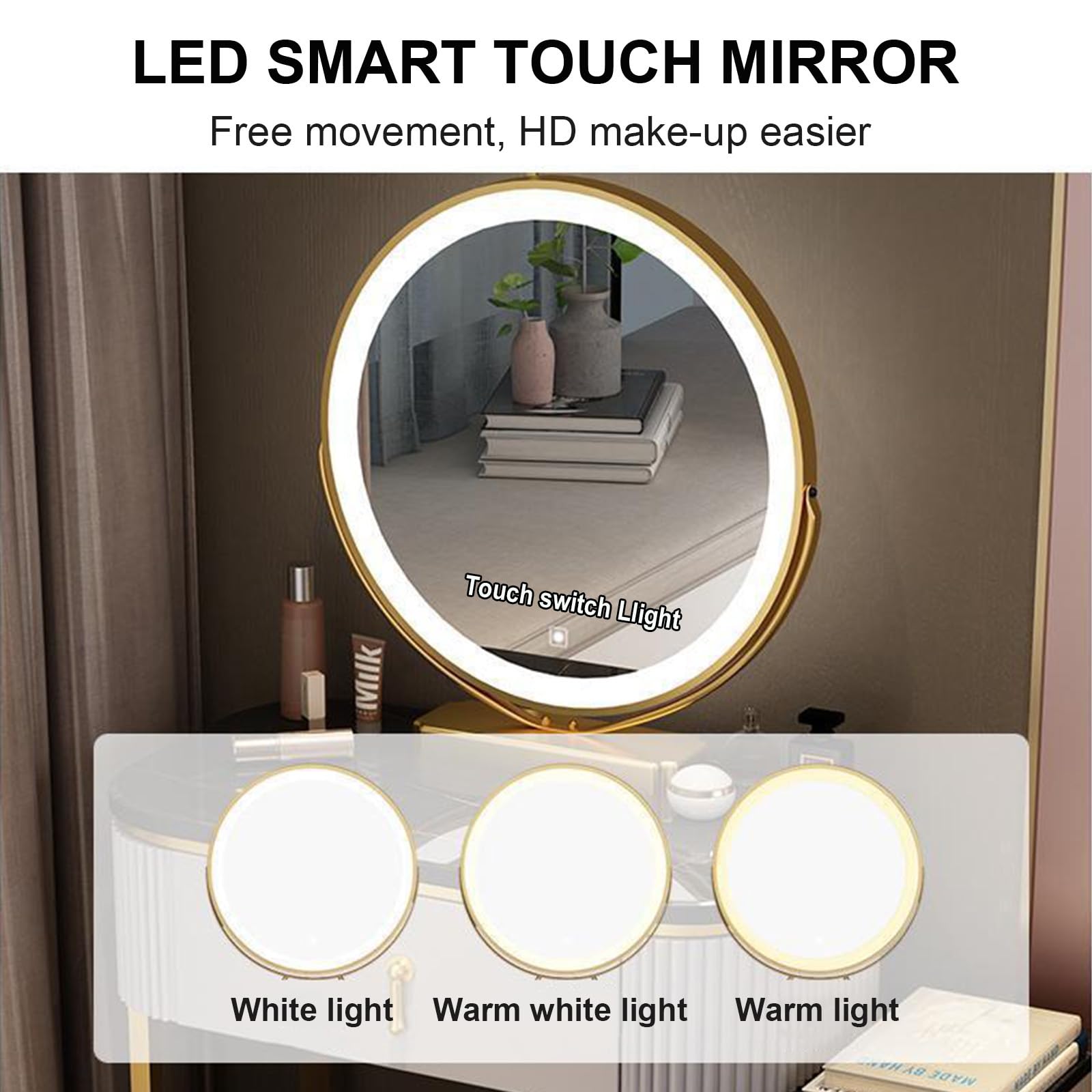 Scrivania da trucco con luci a specchio e sgabello imbottito, 4 cassetti, elegante set da toeletta per donne e ragazze, elegante trucco per accessori di bellezza