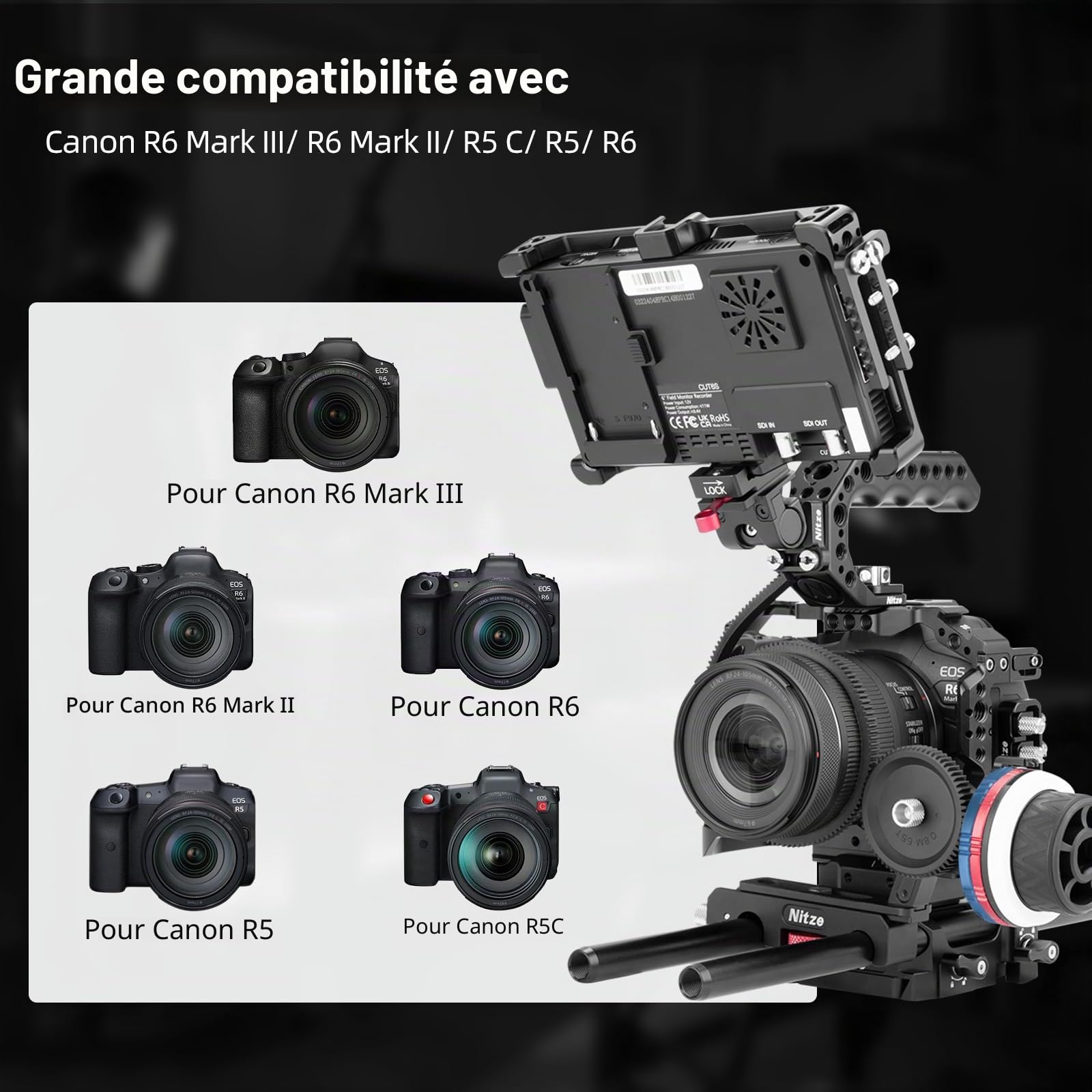 Nitze Cage Compatible avec Canon R6 Mark III/ R6 Mark II/ R5 C/ R5/ R6,avec NATO Rail Intégré, Double Cold Shoe et Plaque de Dégagement Rapide Arca - T-C04A
