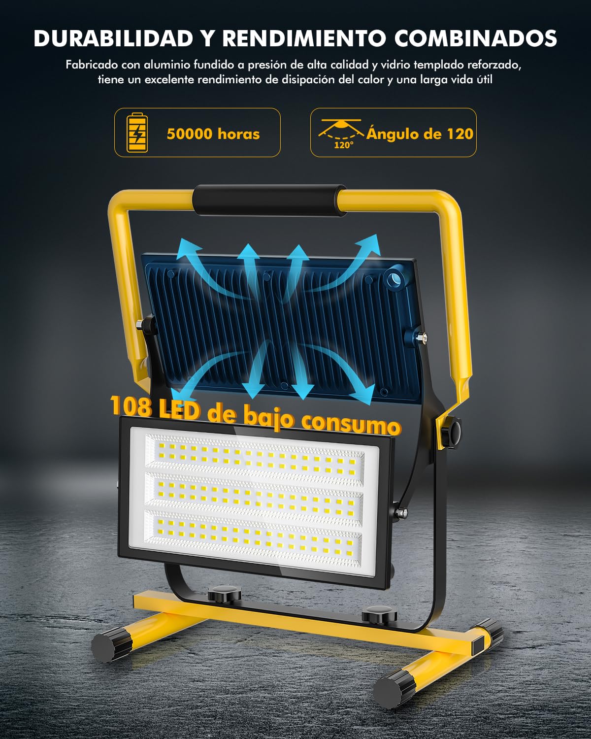 Foco de Trabajo LED 200W 20000LM Focos Proyector LED Portatil con Giratorio 360º, 6500K Blanco, Cable 3M, Impermeable IP66 Luz de seguridad para Interior y Exterior Jardín Obra Taller Garaje