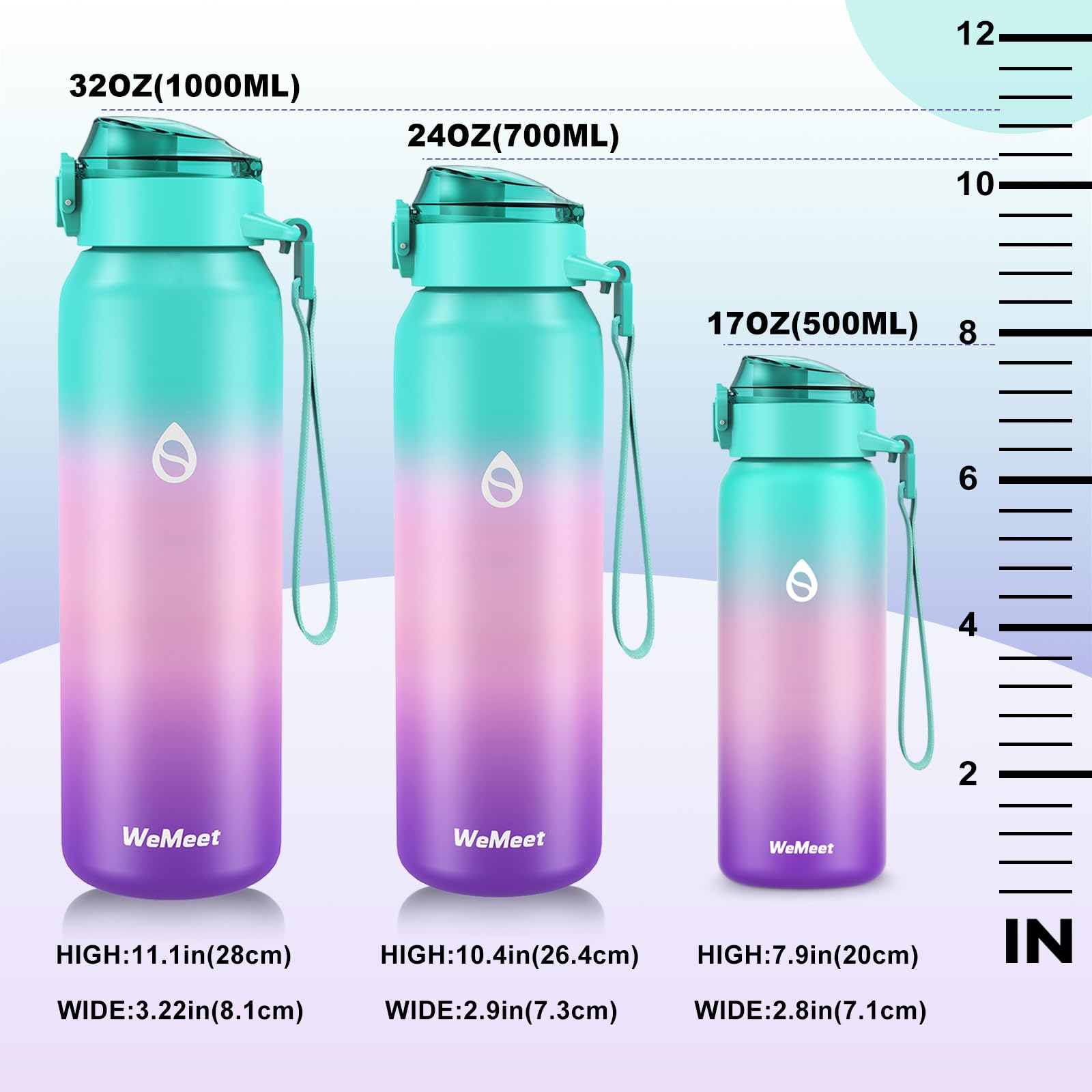 WEMEET - Borraccia sportiva in acciaio inox 18/10, con cannuccia rimovibile, senza BPA, a doppia parete, per attività all'aperto, sport, scuola, palestra, 700 ml, (verde rosa e viola)