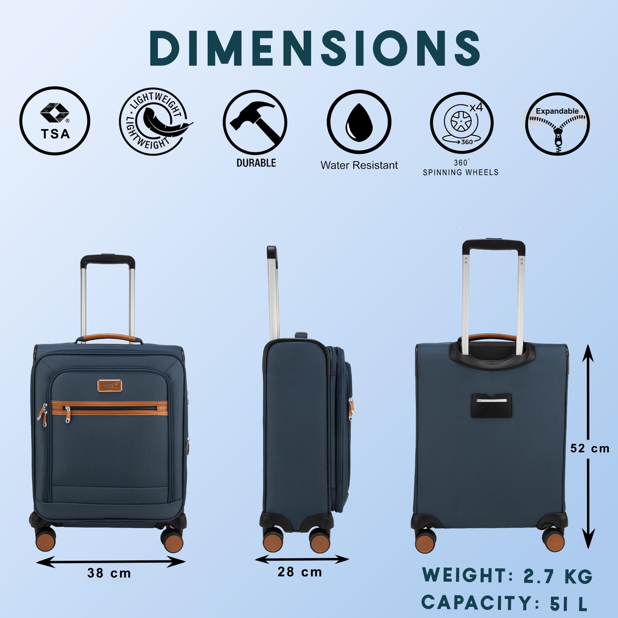 F Gear Softair - Trolley da cabina piccolo, leggero, espandibile, con ruote girevoli a 360°, sistema silenzioso a 8 ruote, serratura TSA integrata, cerniera antifurto ed etichetta per bagagli