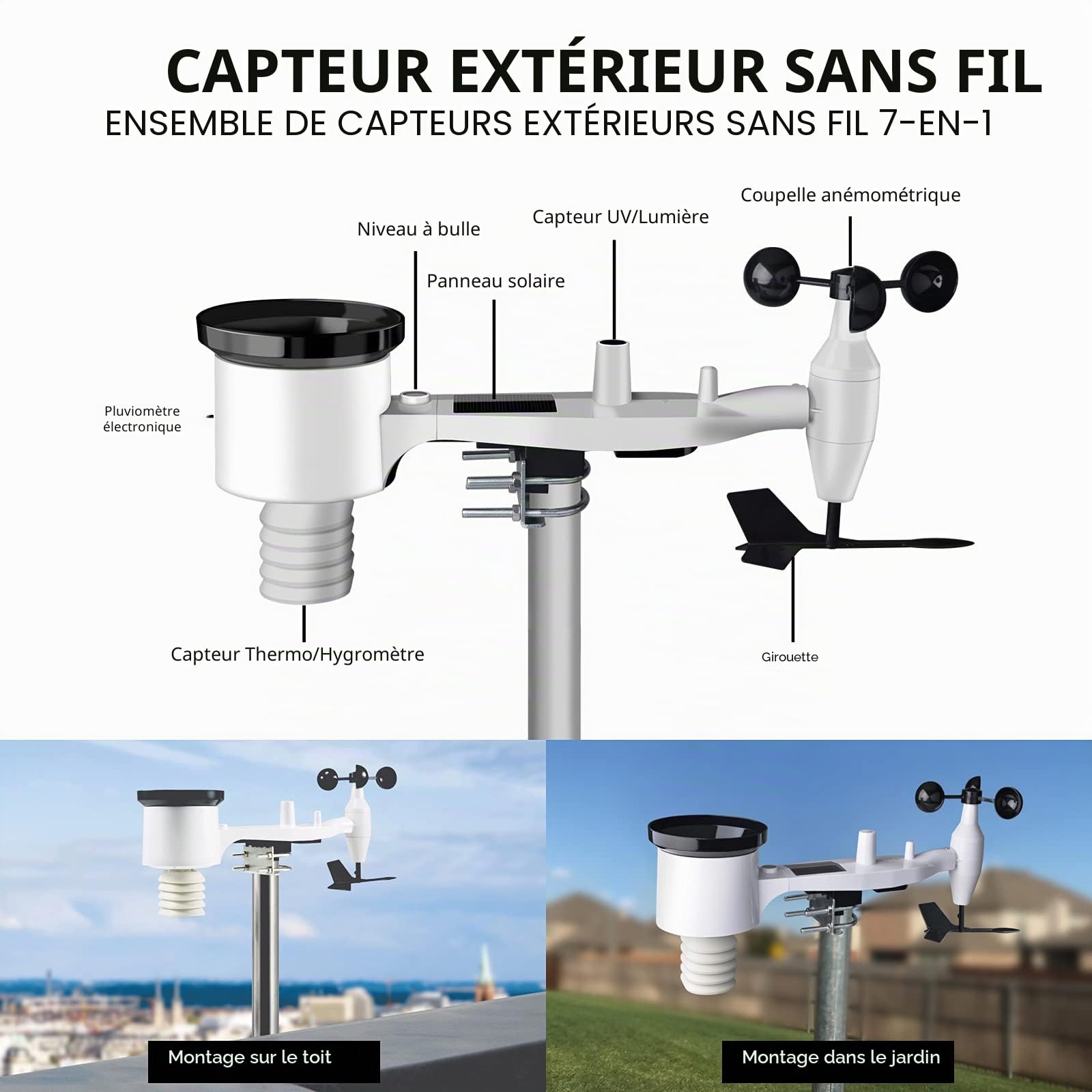 ECOWITT Station météo WS2910 WiFi capteur extérieur solaire 7 en 1 écran couleur numérique