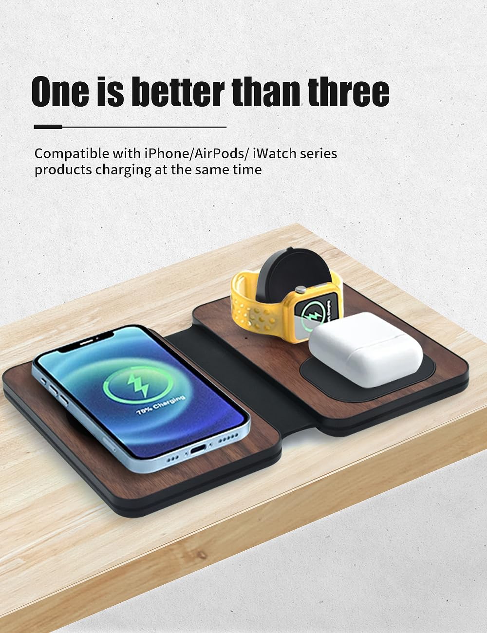 Stazione di ricarica 3 in 1 per dispositivi Apple, caricabatterie wireless veloce e sicuro, caricabatterie da viaggio pieghevole per telefono della serie 16-12, AirPods e iWatch Series (Wulnut)