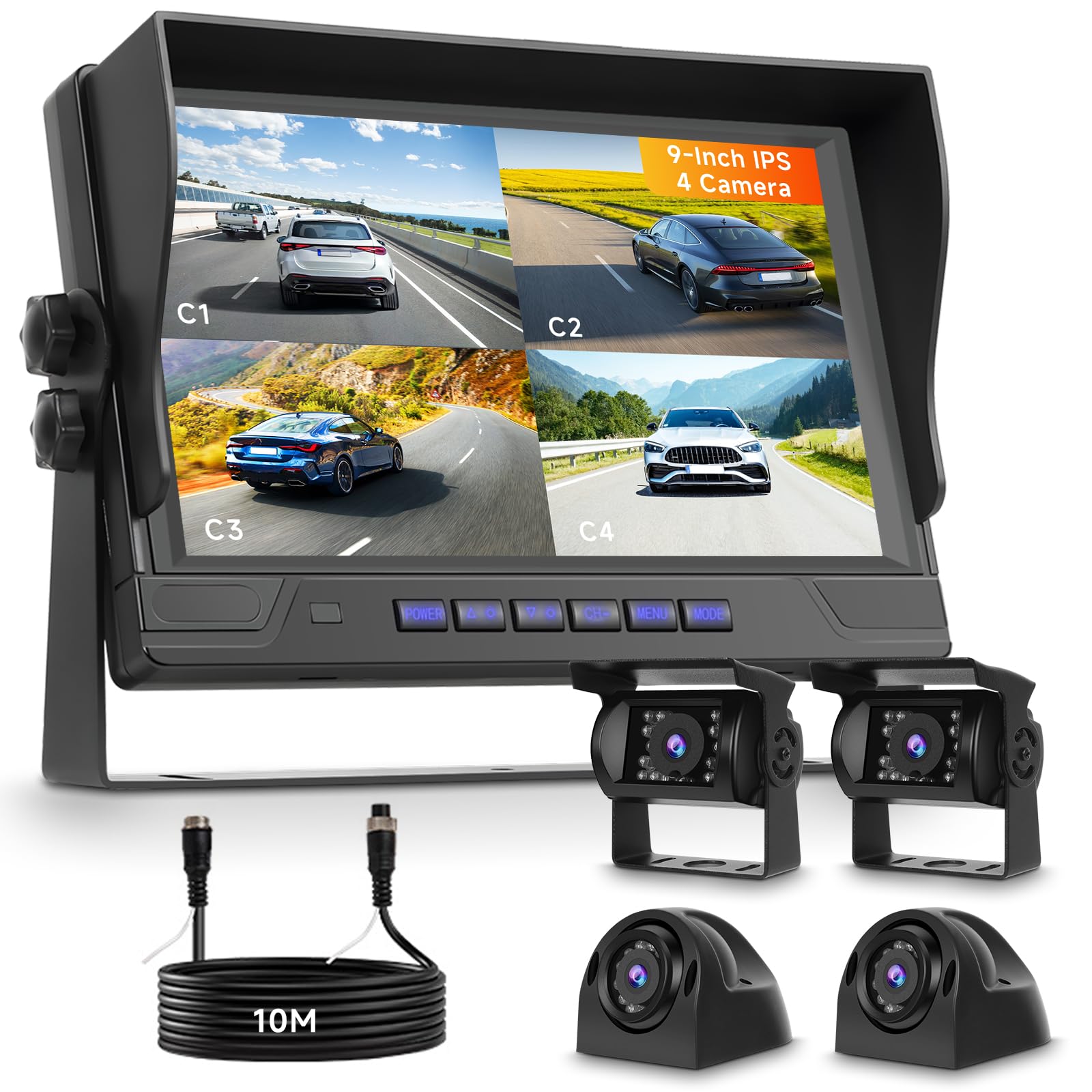 VECHTEL 4*Rückfahrkamera Kabel mit 9 Zoll IPS Monitor,Einparkhilfe,LED Rückfahrkamera Auto Nachtsich/IP68 Wasserdicht für SUV LKW Wohnmobil,DC 12–24 V,Loop-Aufnahme