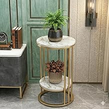 Modern 2-Tier Metal Plant Stand and End Table Set, Round Nesting Side Tables, Metal Frame with MDF Marble Top, for Living Room, Bedroom and Office (Golden White.)