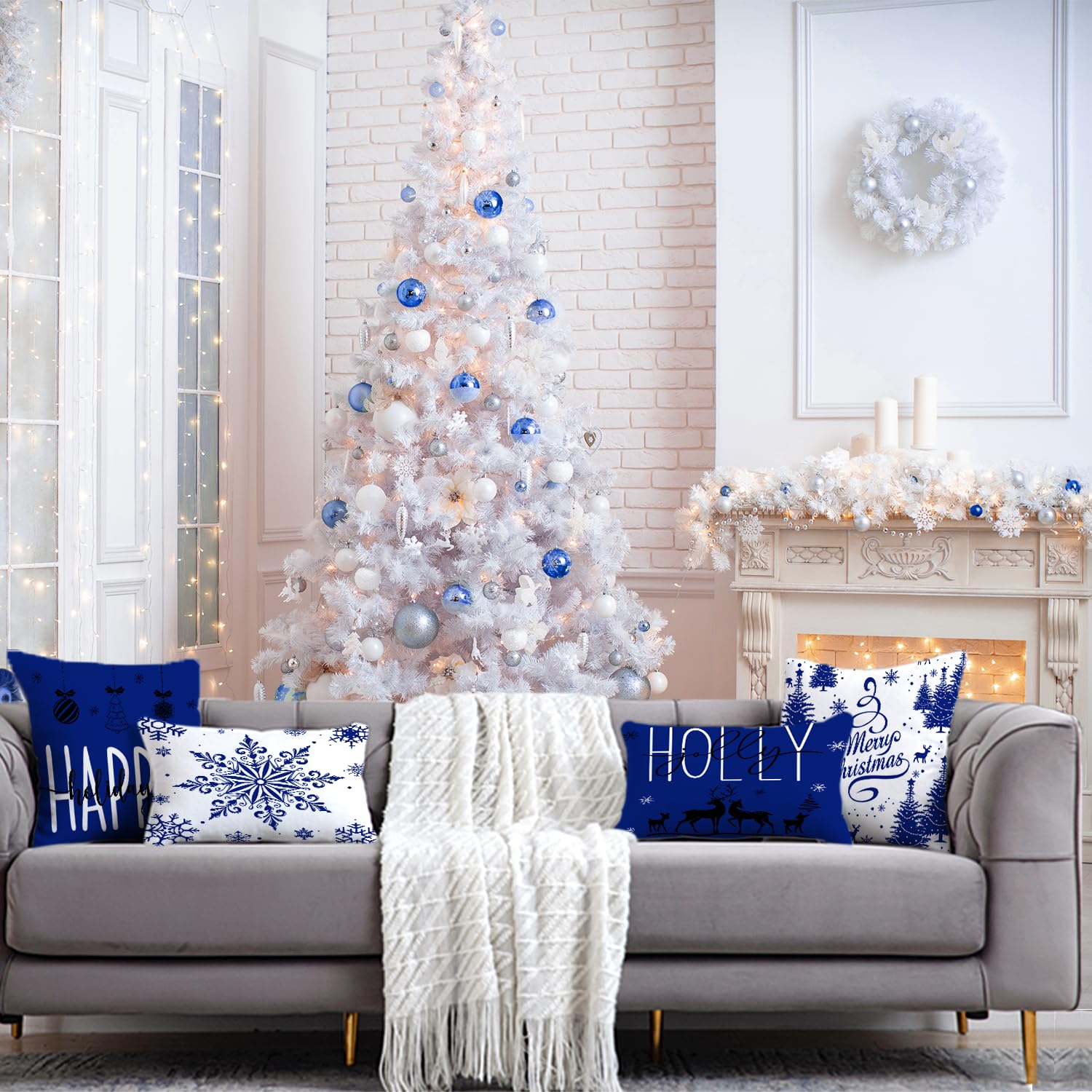 KISVODS Set Di 4 Federe Per Cuscini Natalizie Con Fiocchi Di Neve E Alberi - 40x40 Cm, Finto Lino Morbido, Blu Invernale, Decorazione Per Divano E Letto