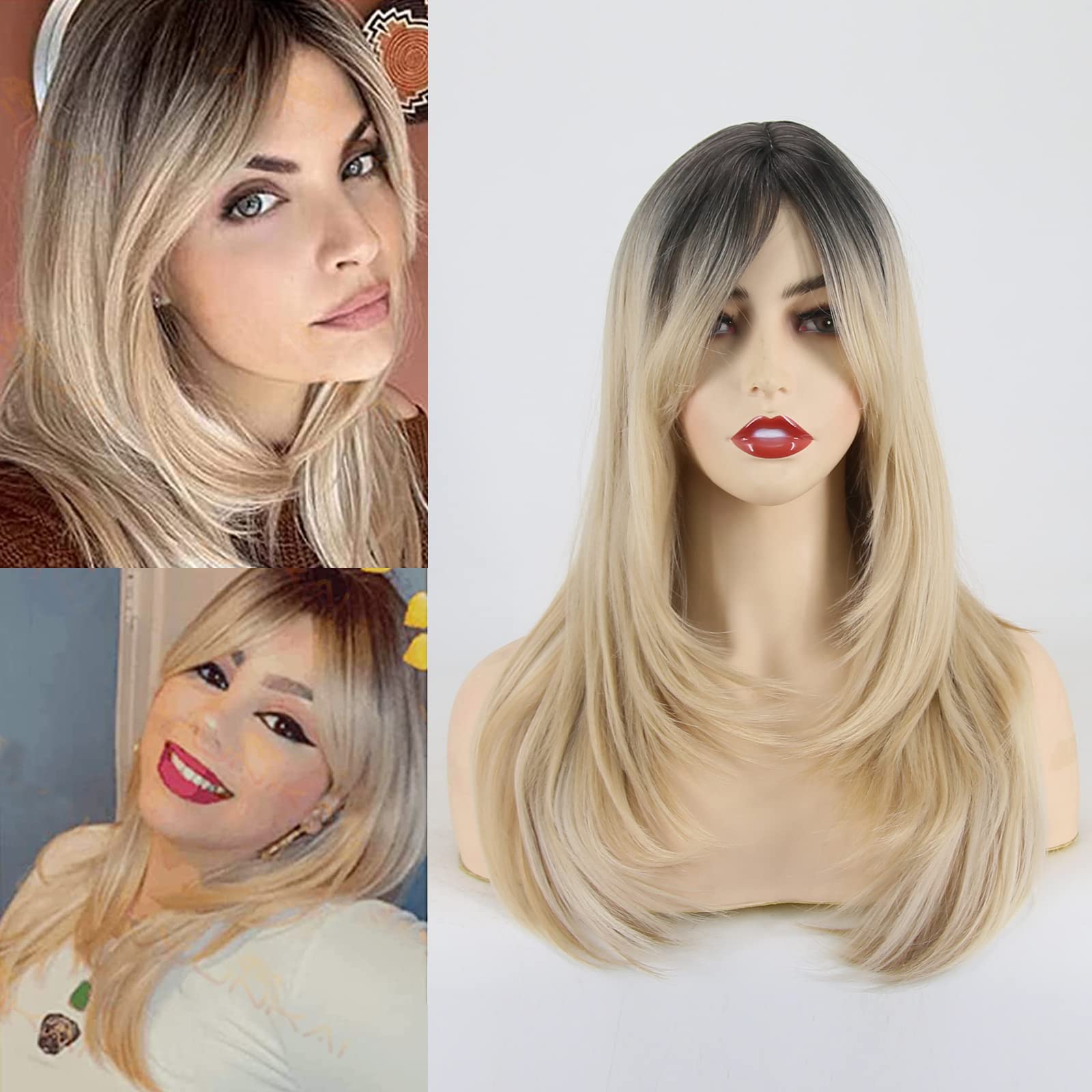 Perruque blonde ombrée mi-longue à frange synthétique