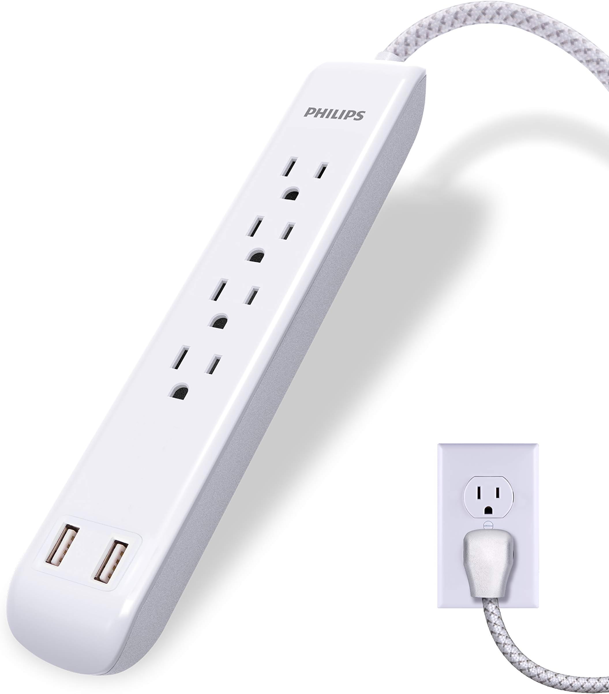 Philips 4 Outlet Power Strip Surge Protector with 2 USB Ports, 4 Ft Power Cord, Designer Braided Extension Cord, Flat Plug Extension Cord, 720 Joules, White, SPC6244WC/37