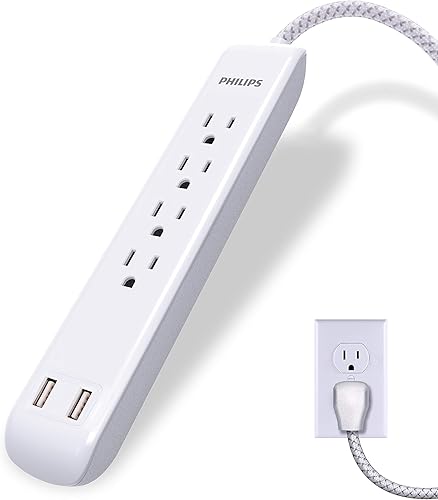 Philips SPC6244WC37 - Regleta de alimentación de 4 pies, cable de extensión trenzado de diseño, cable de extensión de enchufe plano, 720 julios,