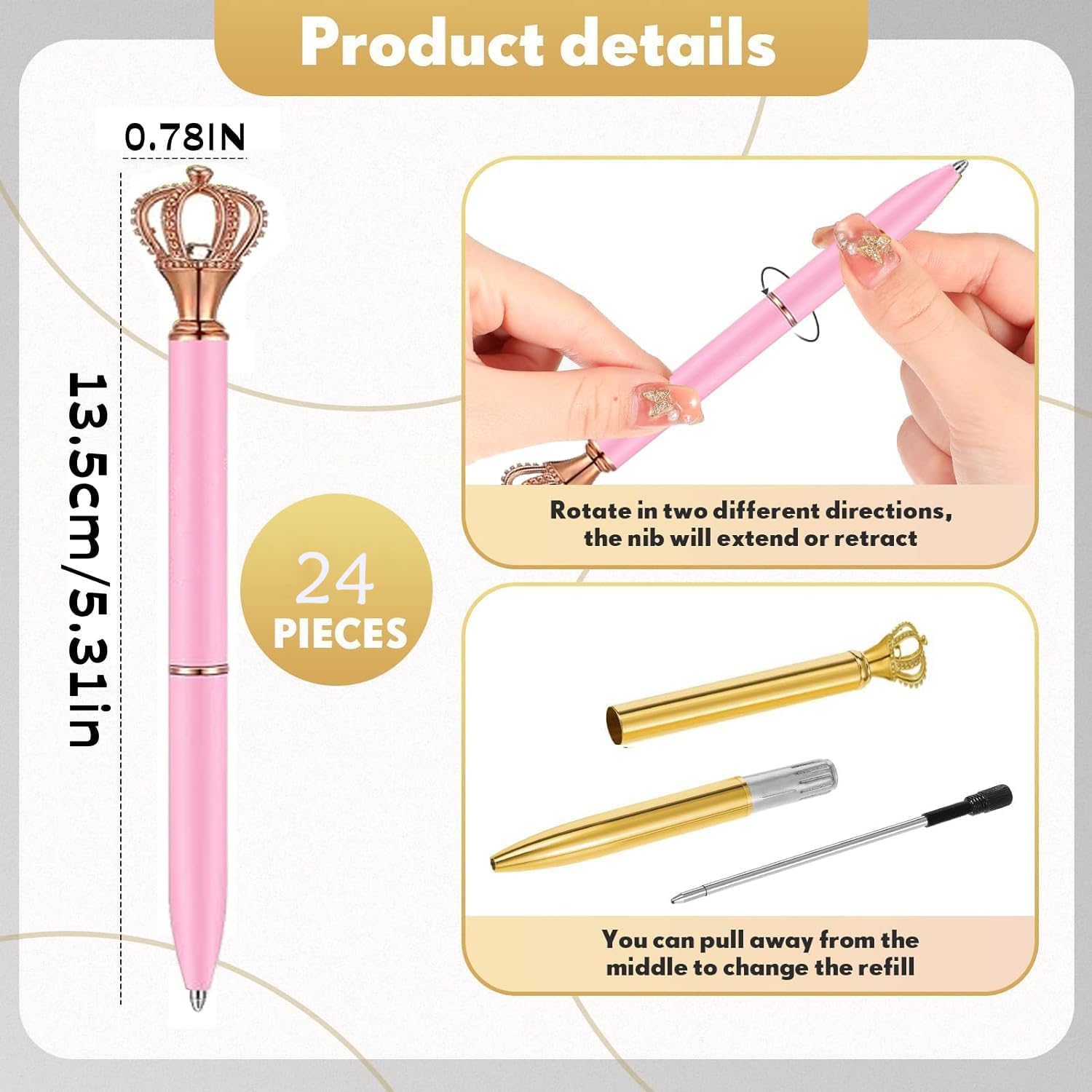 Lot de 24 stylos à bille en métal scintillant pour anniversaire de mariage, cadeau d'anniversaire, fête prénuptiale, fournitures scolaires et de bureau (couronne rose, 24)