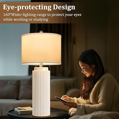 Miniatura 4 de 28’’ Farmhouse Ceramic Table Lamps Set of 2 for Living Room, Cream Vintage Bedside Table Lamps with White Linen Shade, Rustic Nightstand Lamps for