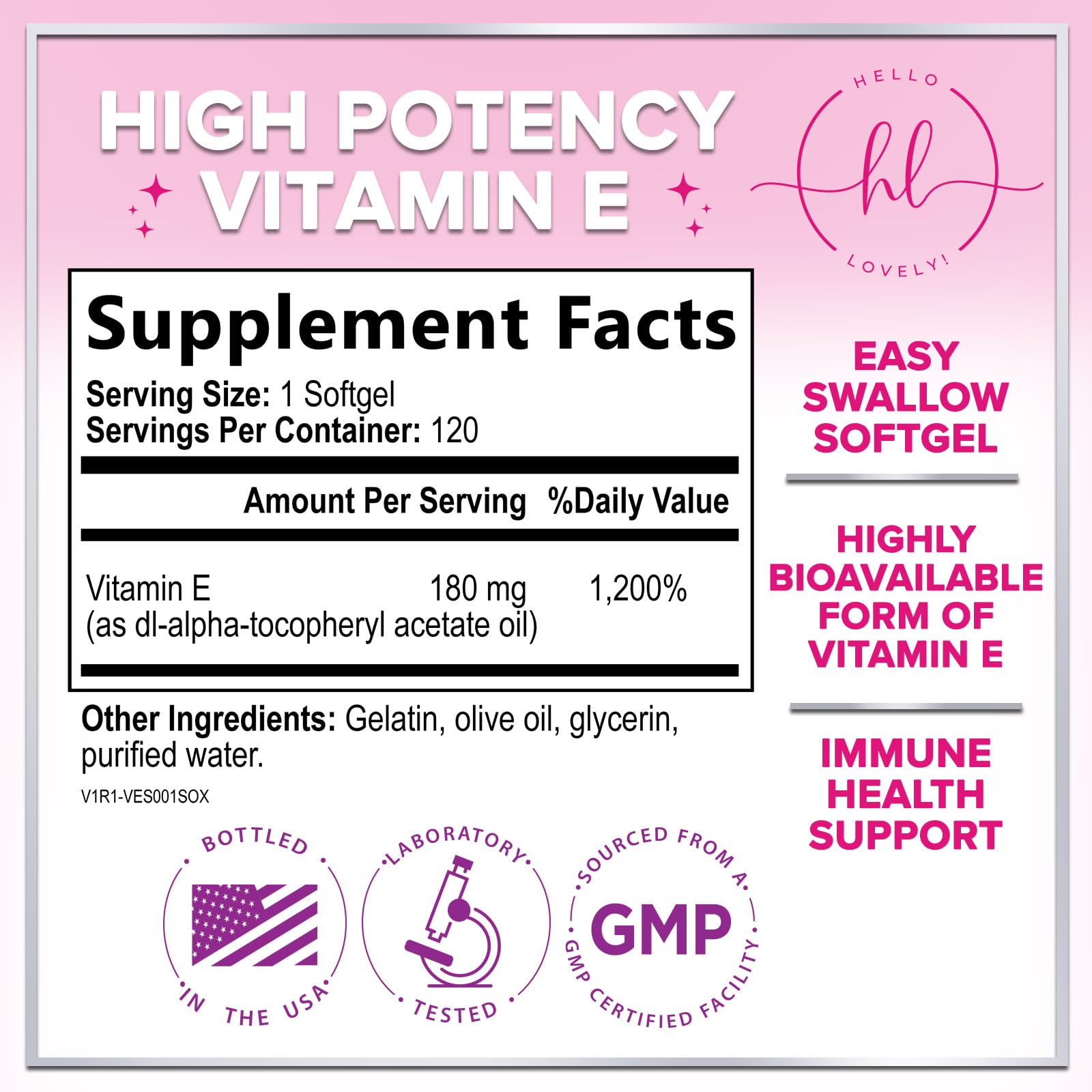 Vitamin E - 180 mg (400 IU) - Daily Beauty & Immune Support Supplement - DL-Alpha VitaminE with Antioxidants Supports Healthy Skin & Hair - Easily Absorbed, Gluten Free, Bottled in USA - 120 Softgels — Amazon image 2