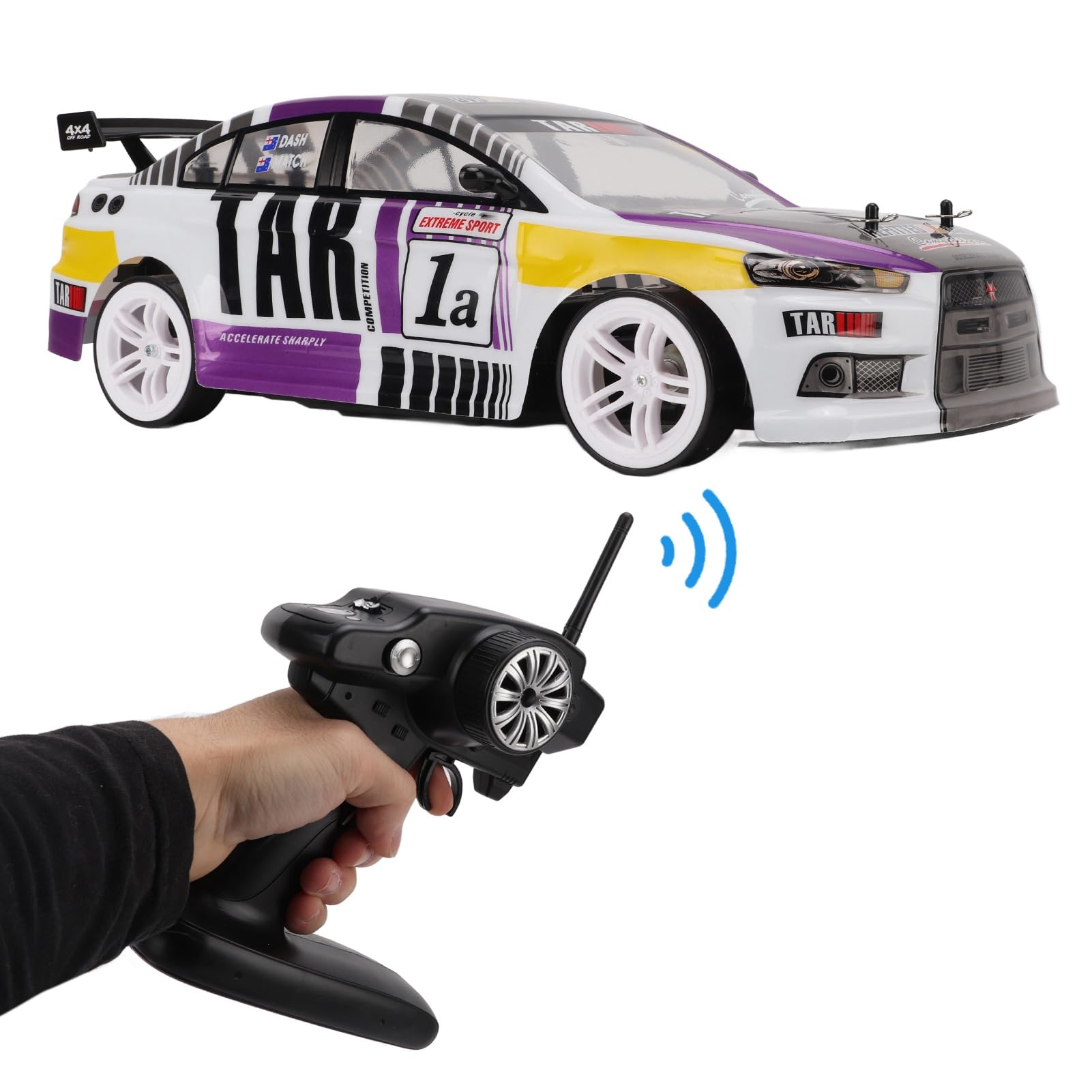 RiToEasysports Samochód Wyścigowy RC do Driftu 1/10 2,4G, Dioda LED Dużej Mocy 4WD, Zdalnie Sterowana Zabawka Kaskaderska, z podwójną komorą Baterii i Amortyzatorem, dla Nastolatków i Dorosłych (1
