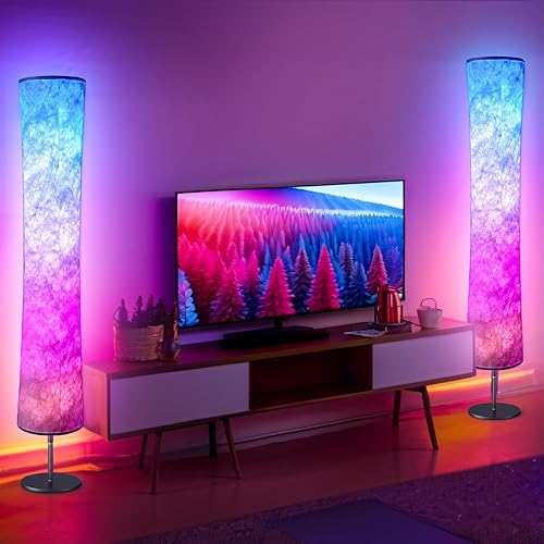 Torchlet 2pcs Floor Lamp, RGB Floor Lamp with 16 Million DIY Colors and Scene Modes, Music Sync and White Fabric Shade, Smart Floor lamp with App/Remote control, Standing Lamp for Living Room, Bedroom